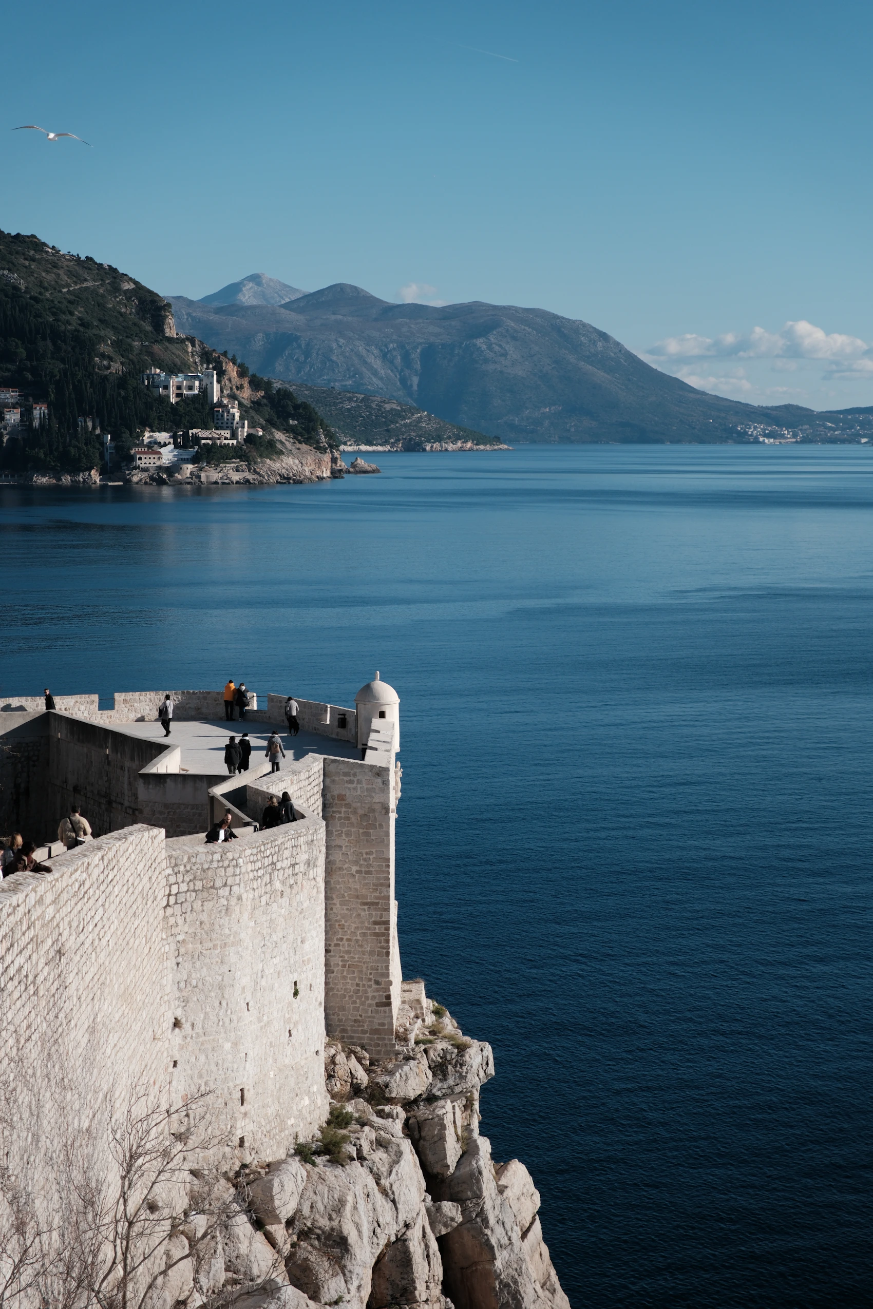 Dubrovnik's pale stone walls curving above a calm blue Adriatic sea