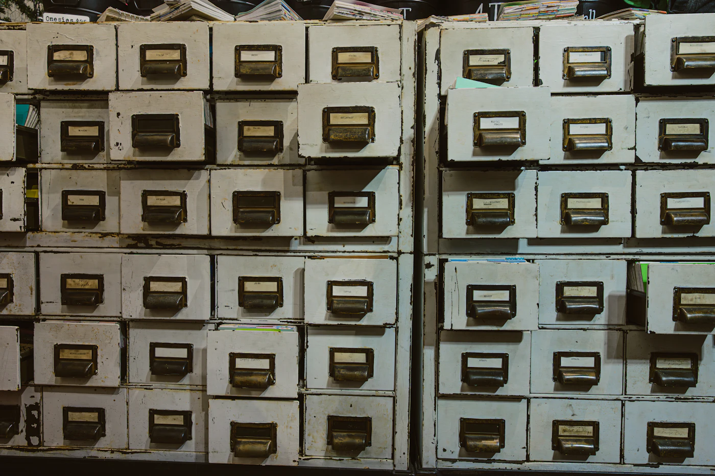 Rows of filing cabinets used to symbolize state records and archives