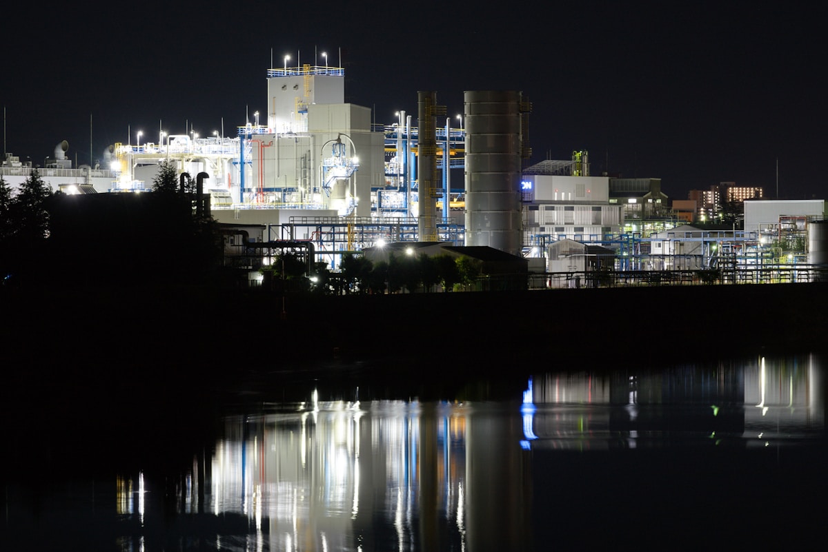 Industrial water treatment facility lit up at night