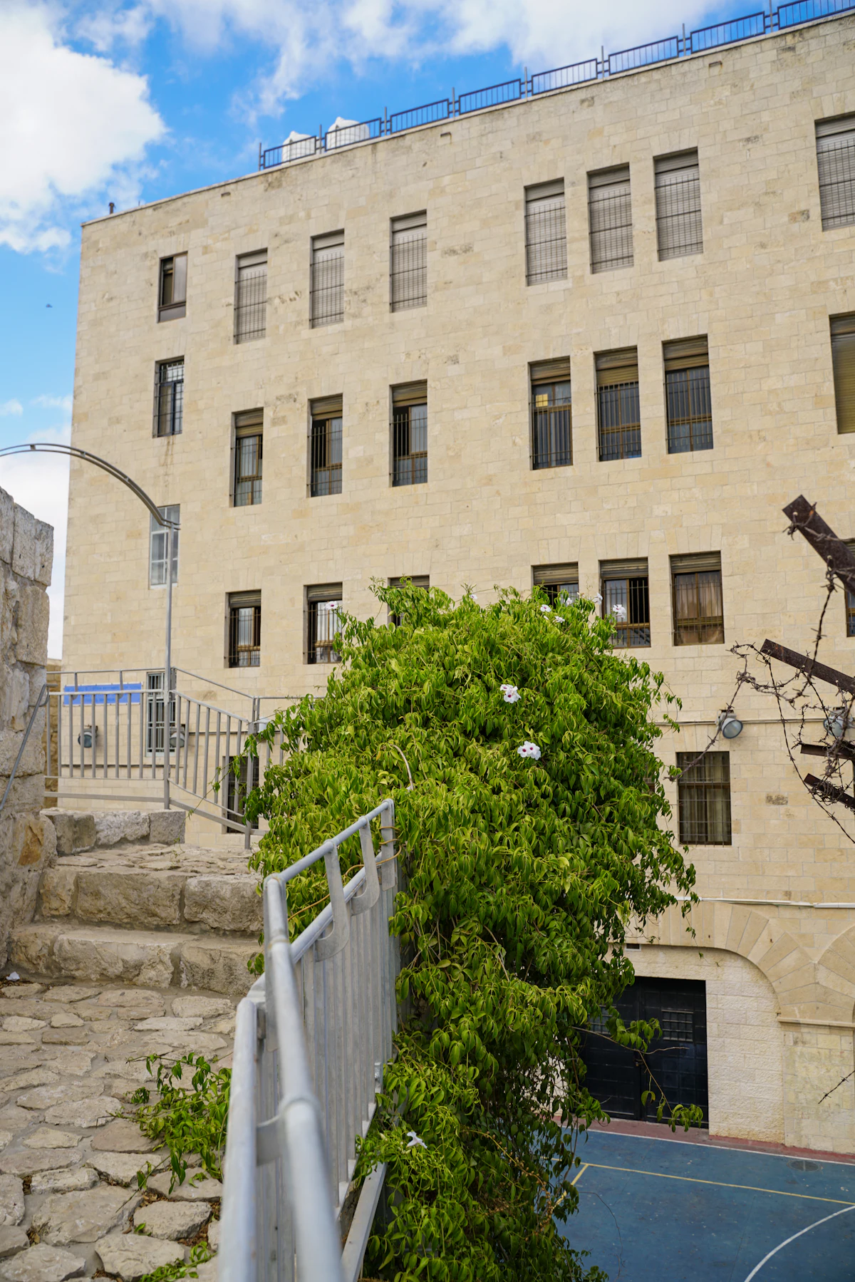 A Jerusalem stone apartment building with greenery at the entrance