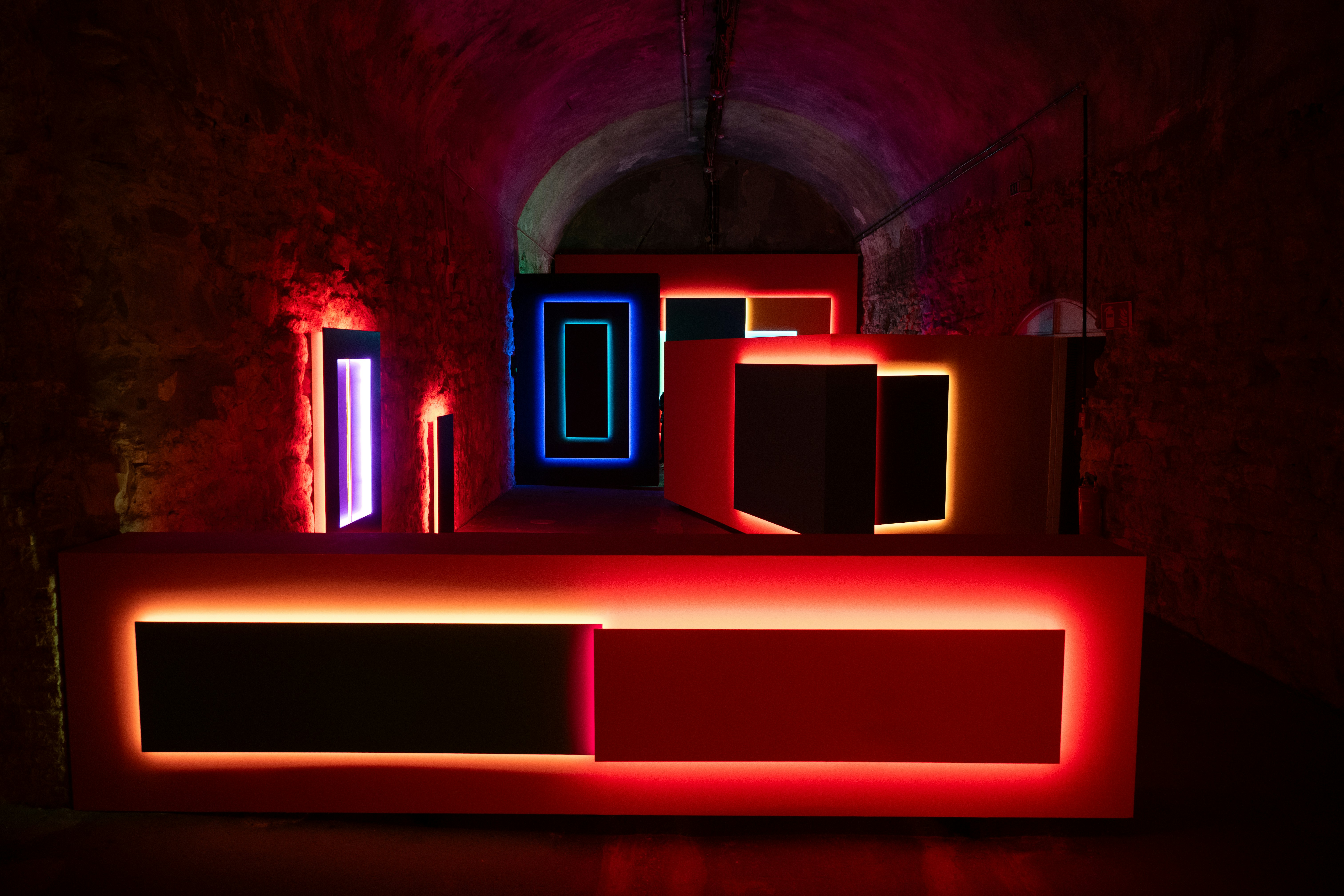 Geometric shapes illuminated with vibrant neon lights