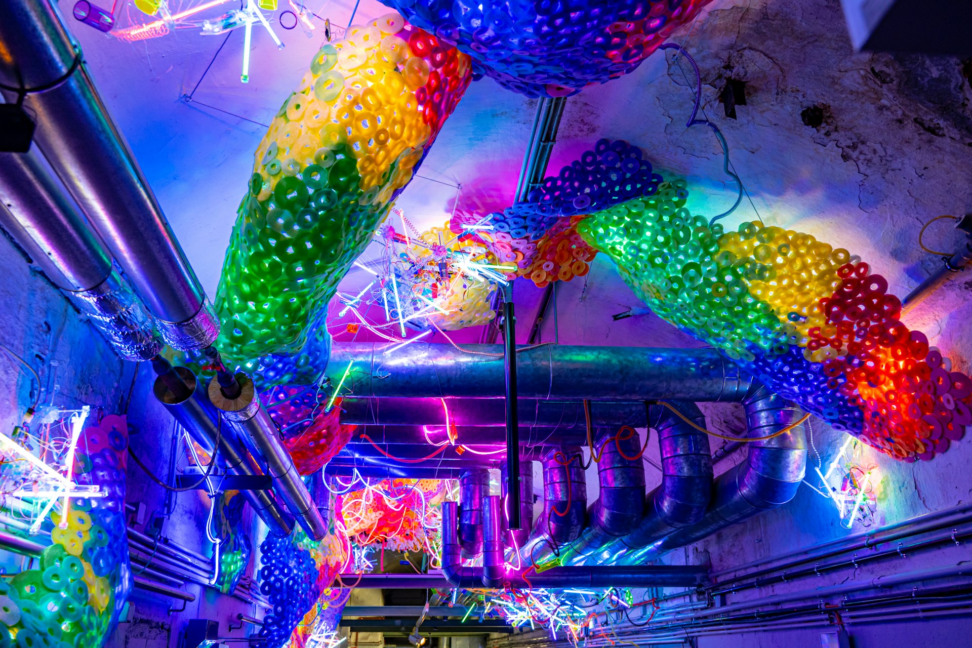 Colorful abstract art installation with vibrant lights.