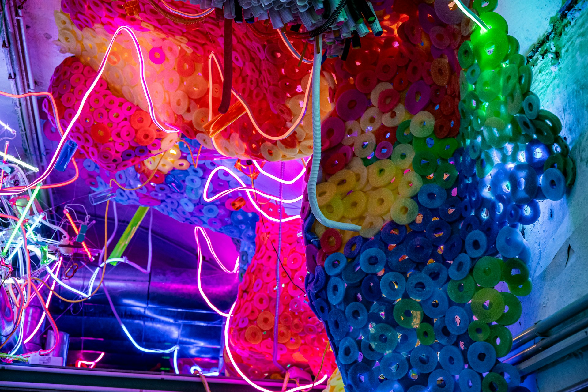 Abstract colorful art installation with neon lights