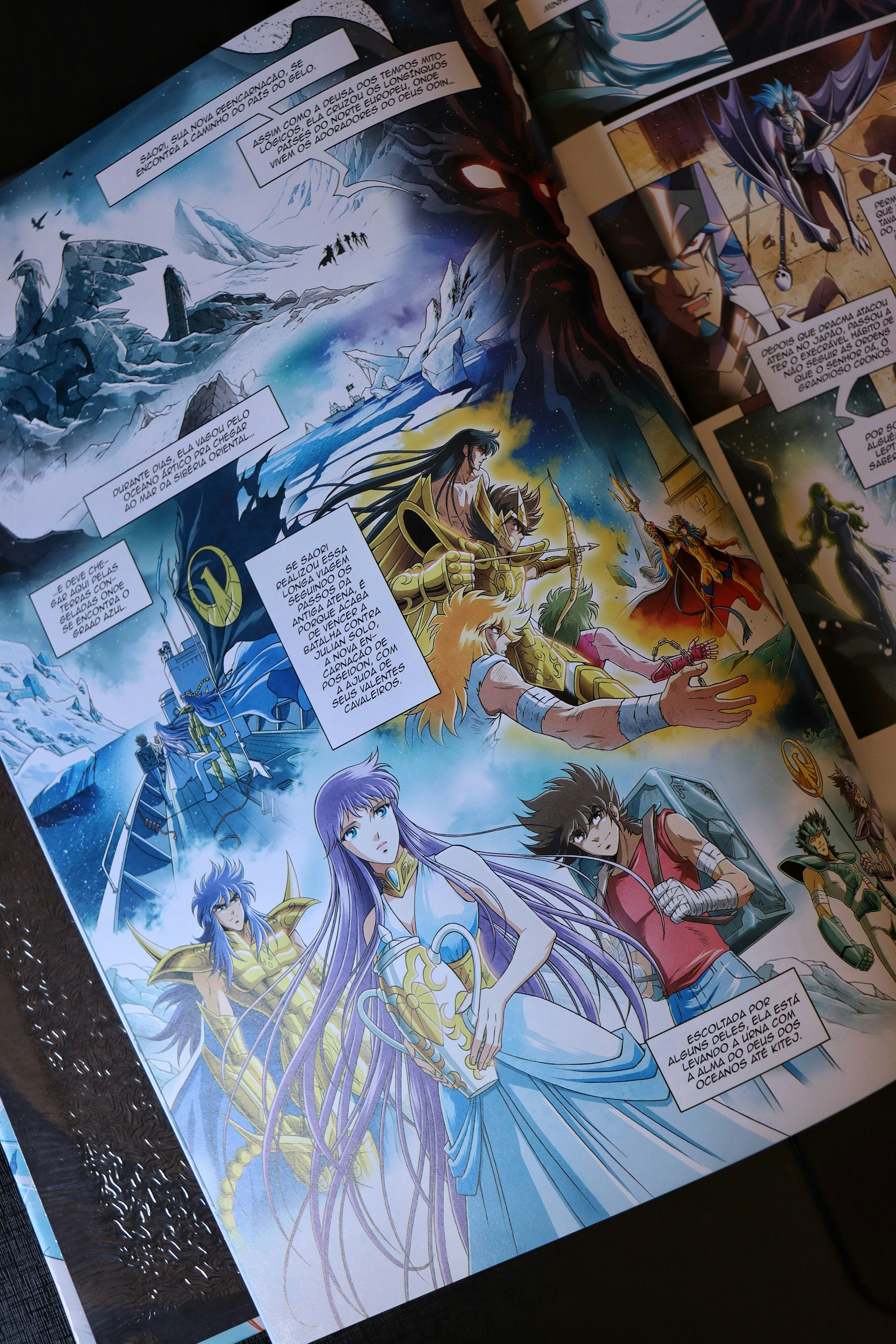 Comic book pages with fantasy illustrations and anime art.