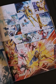 Comic book pages with action-packed anime-style illustrations.