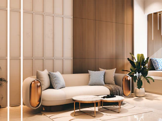 Modern living room with a cream sofa and coffee tables