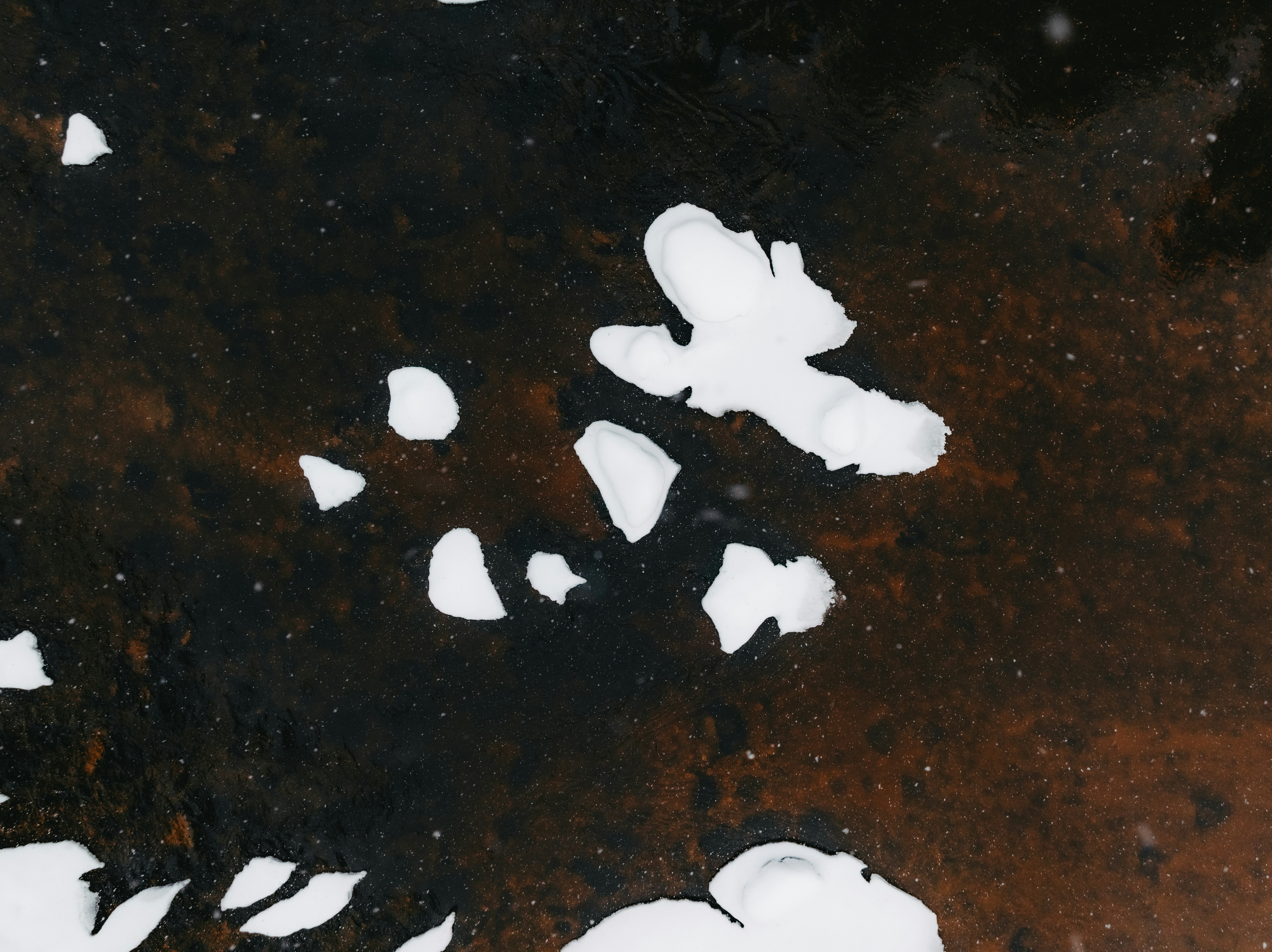 White ice formations on dark, textured surface
