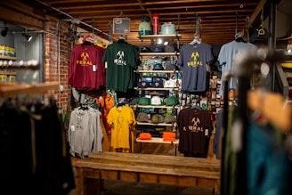T-shirts and apparel displayed on store shelves