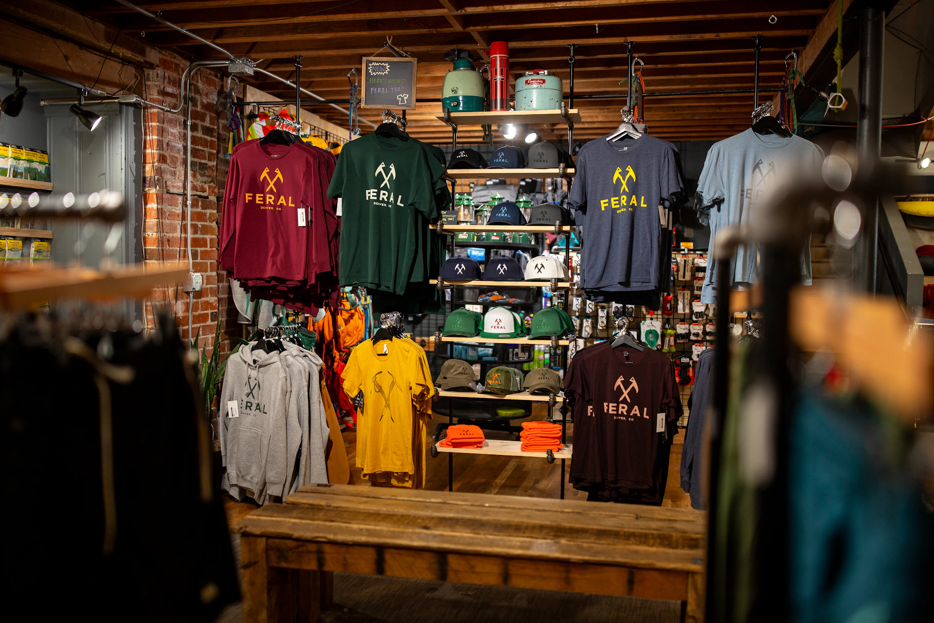 T-shirts and apparel displayed on store shelves