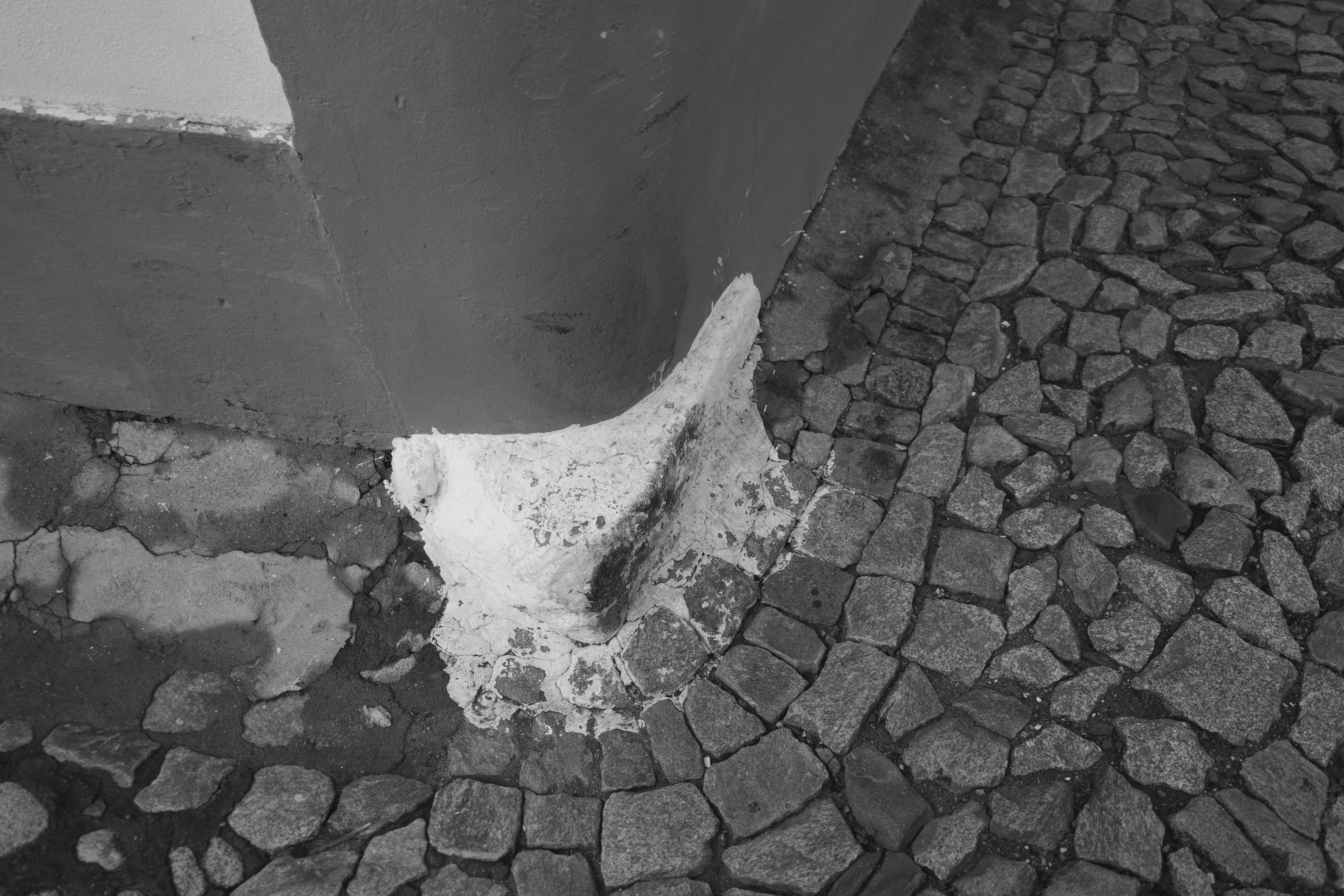 White substance on cobblestone pavement near wall