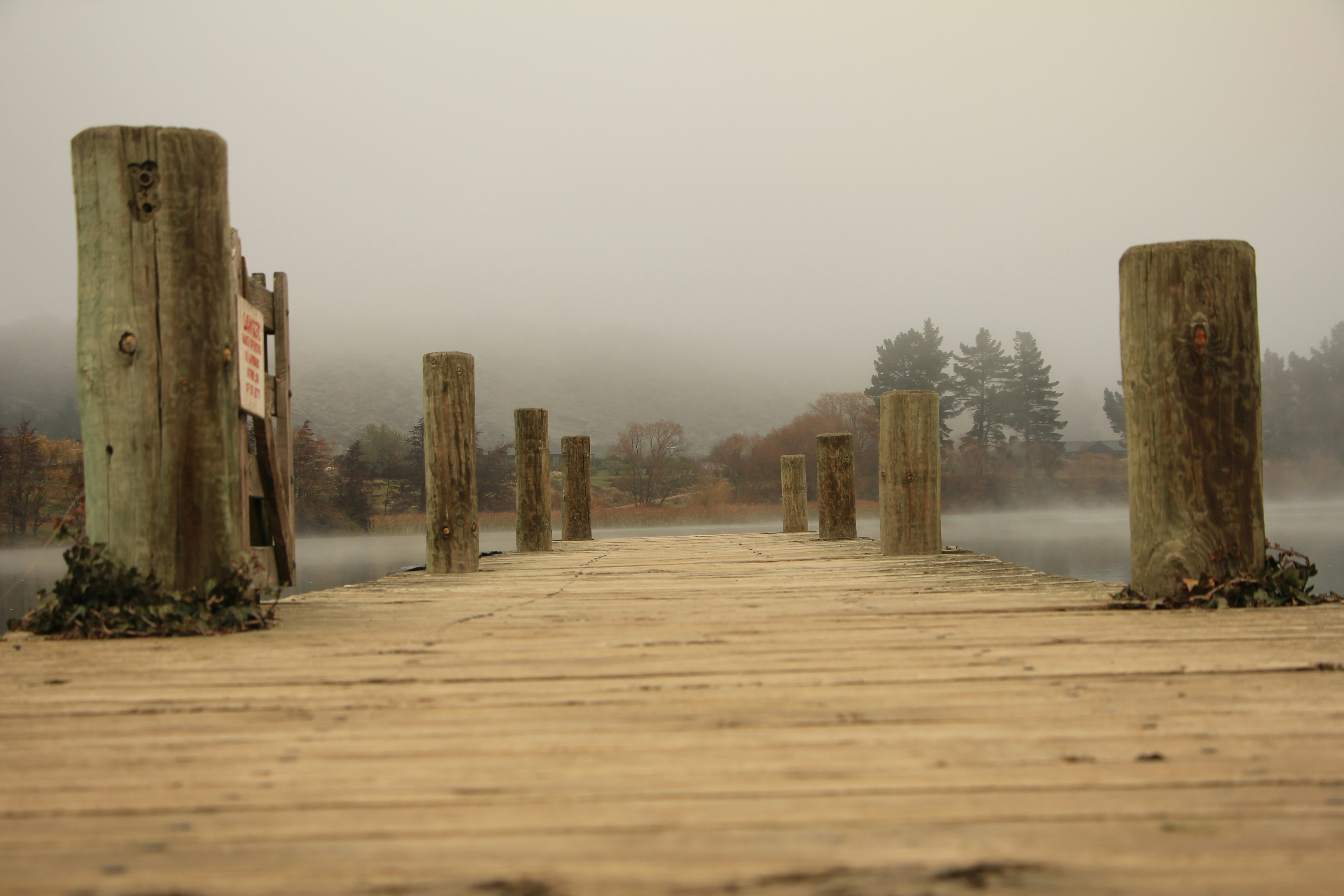 Wooden pier with pilings on a foggy day