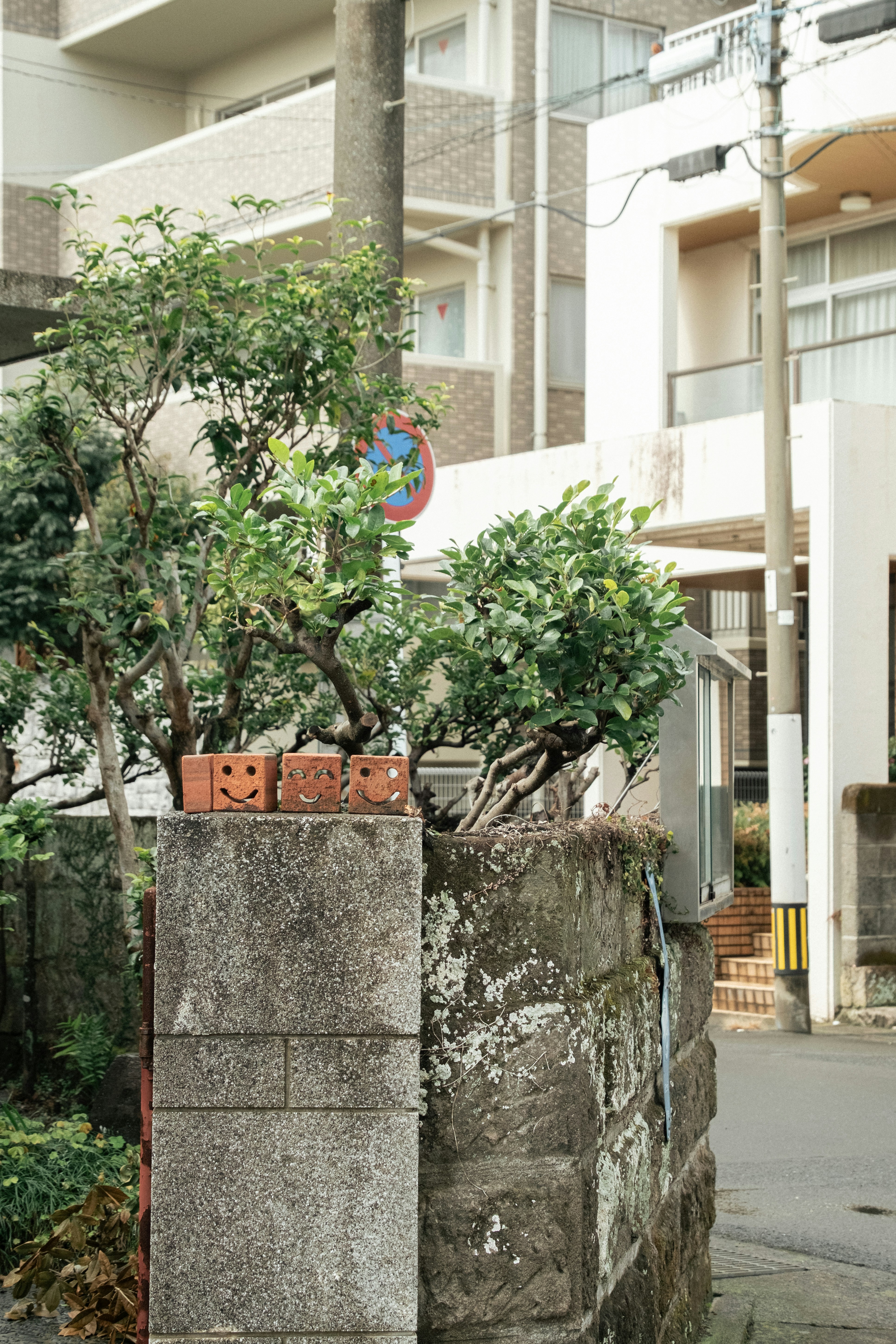 Three smiling bricks on a stone wall.