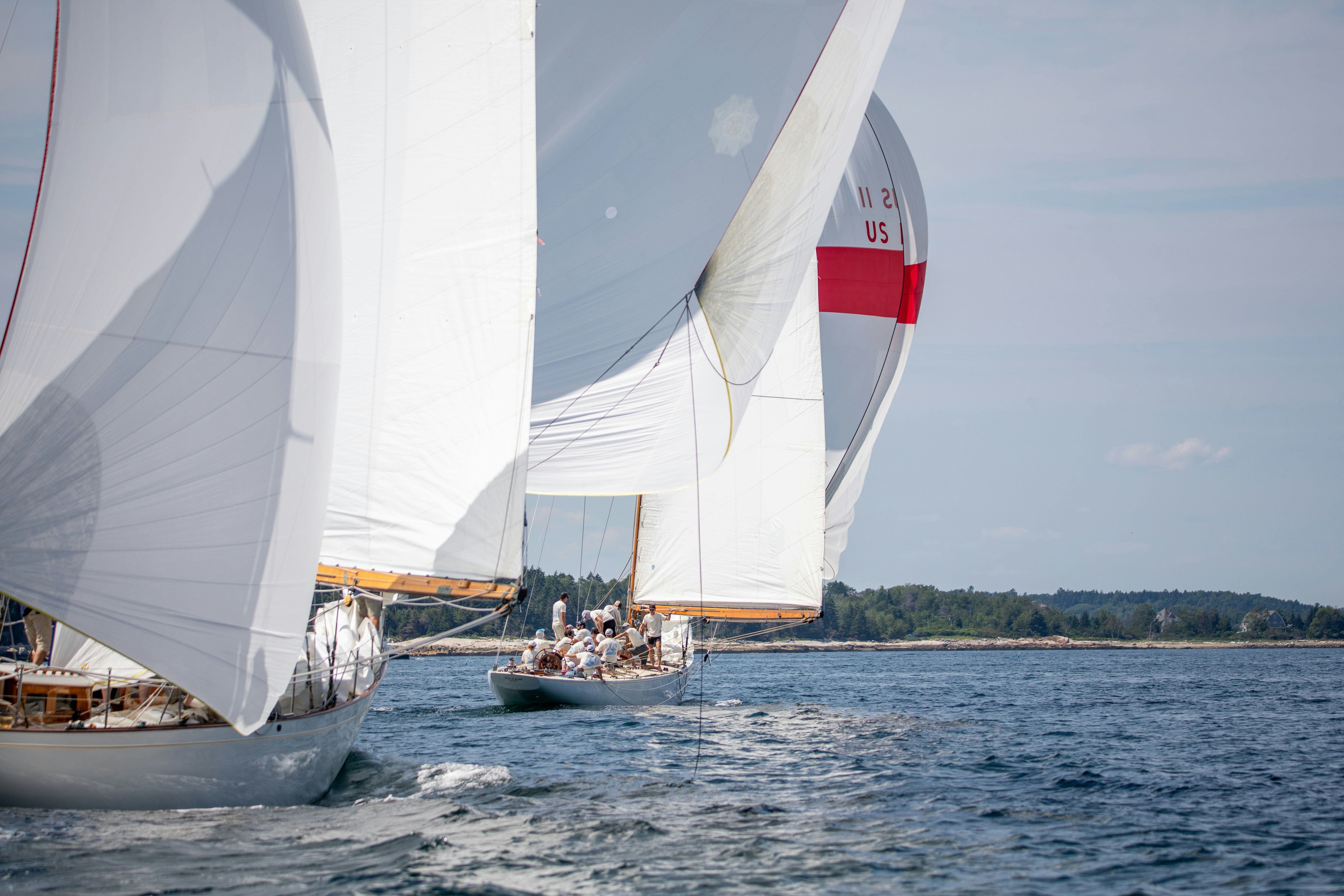 Sailboats race across the blue ocean on a clear day.