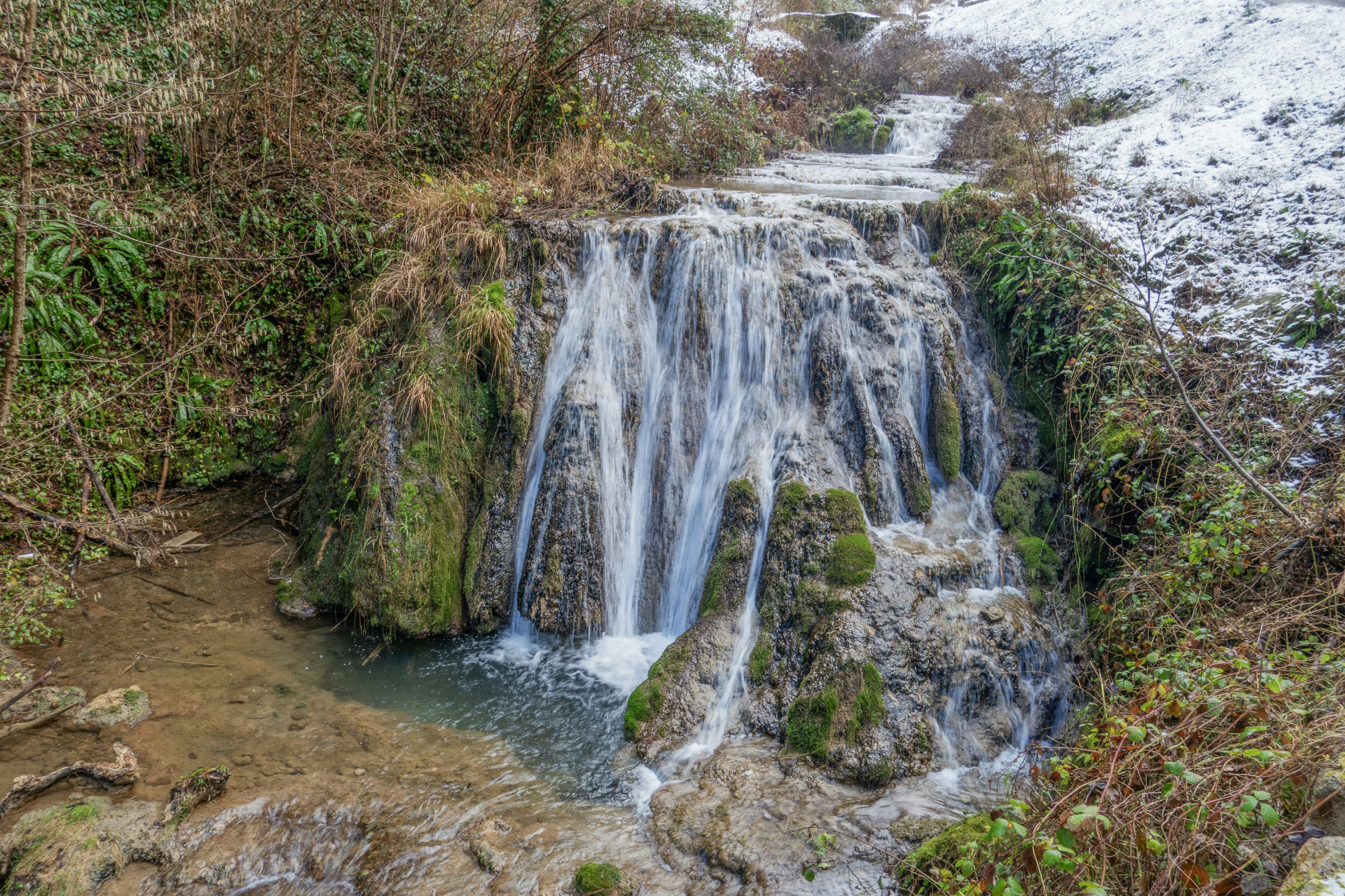 A small waterfall cascades down mossy rocks in a forest.