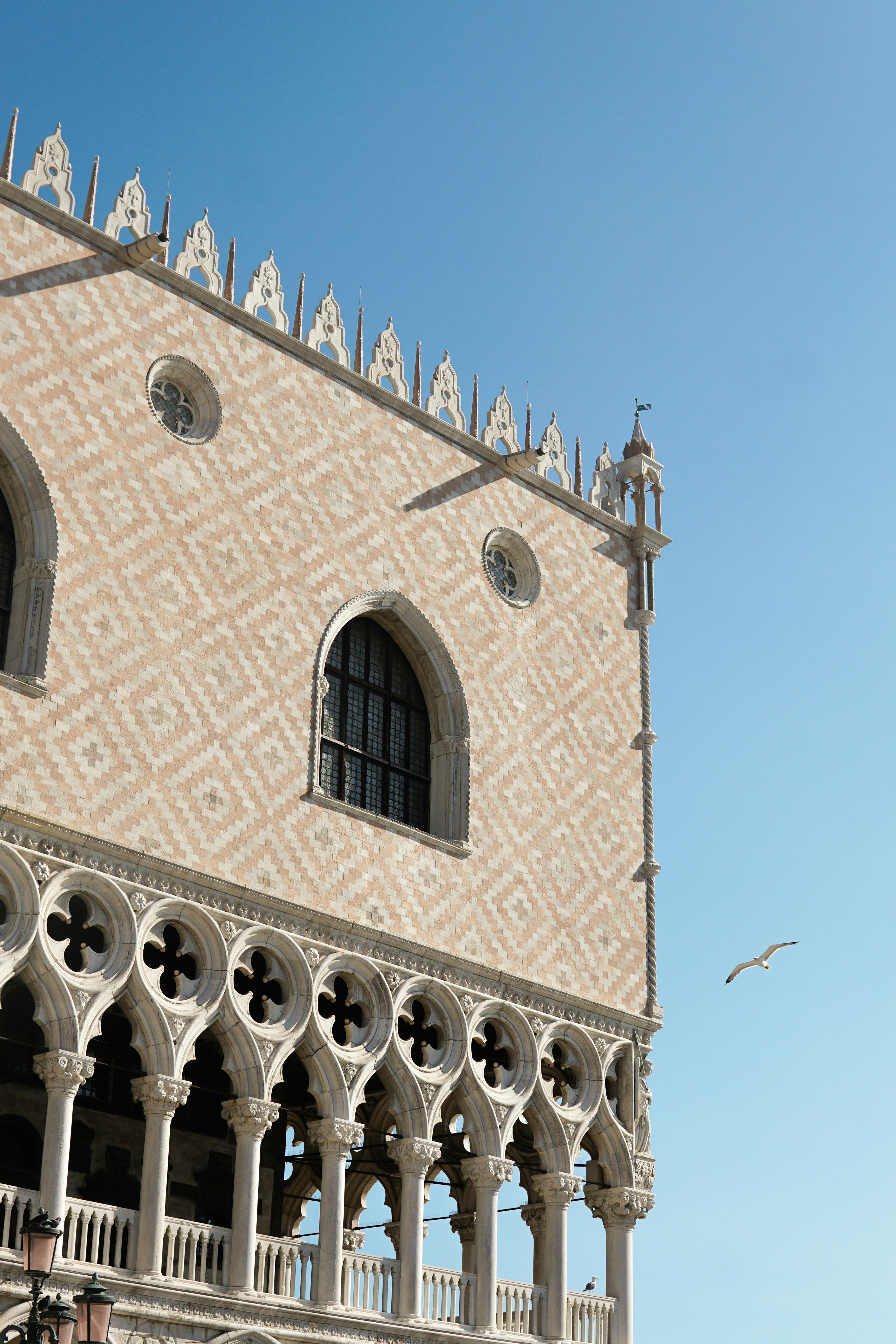Ornate building facade with arched windows and a bird flying.