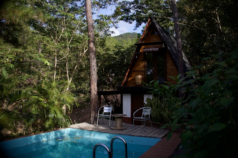 Cabaña con pileta rodeada de bosque