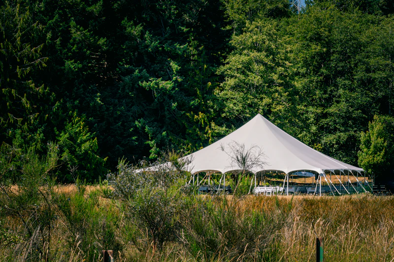 Large white tent set up in a grassy field as budget event canopy
