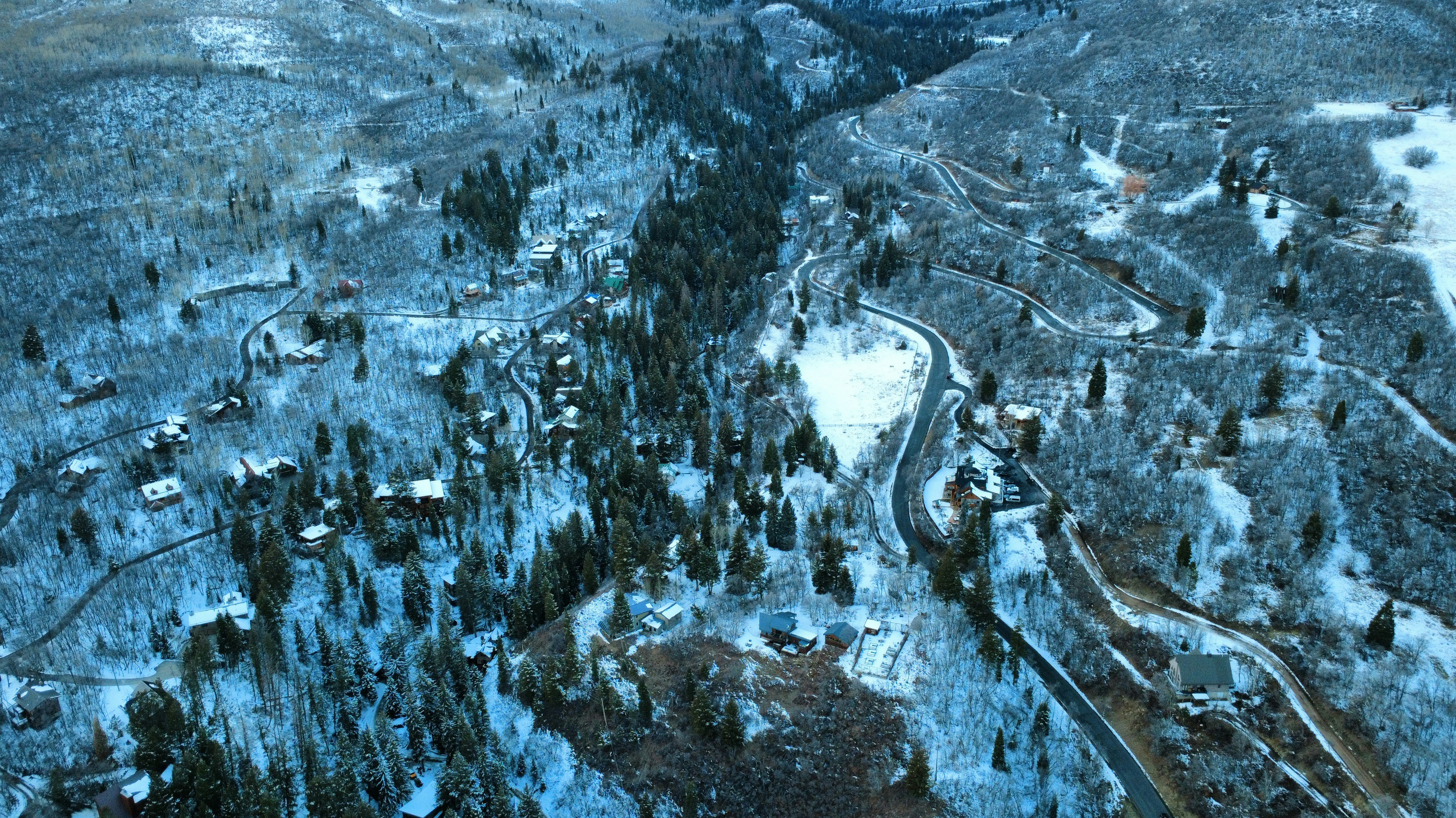 雪に覆われた山々、点在する木々や建物。