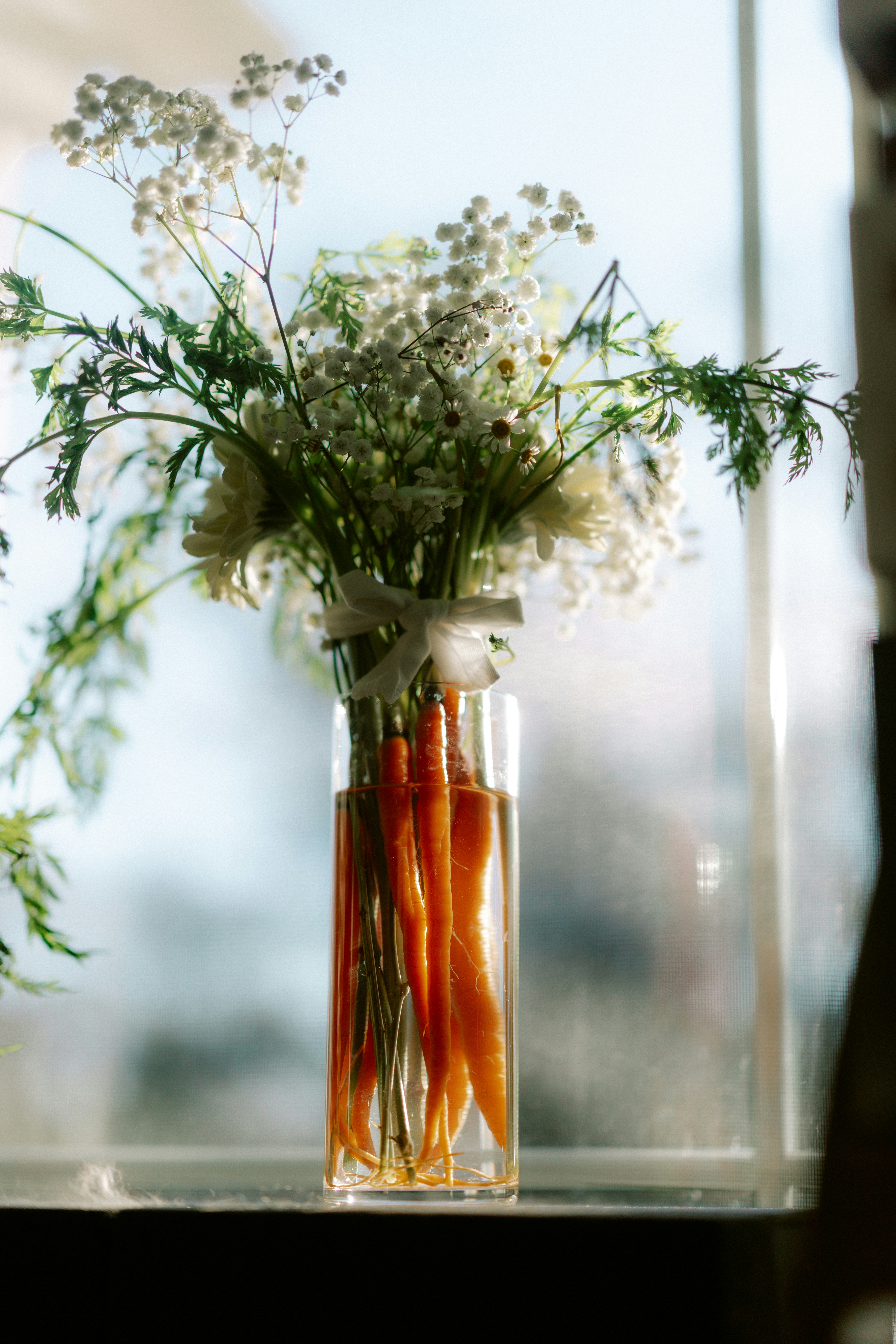 Carrots and white flowers in a glass vase.