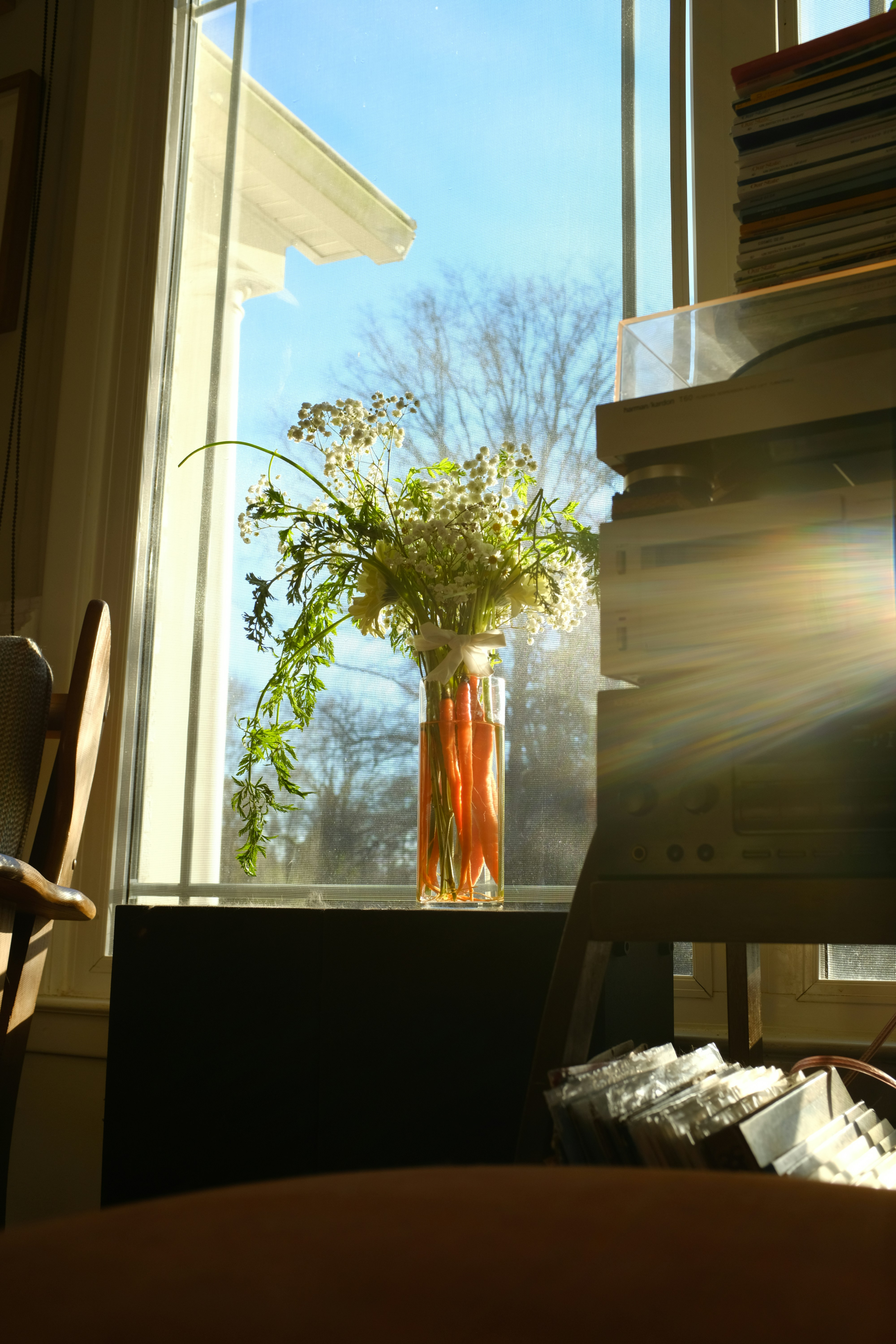A vase of flowers sits on a windowsill.