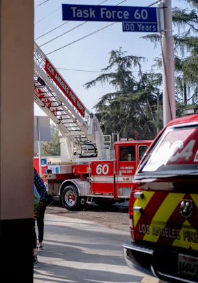 Los angeles fire department ladder truck and engine.