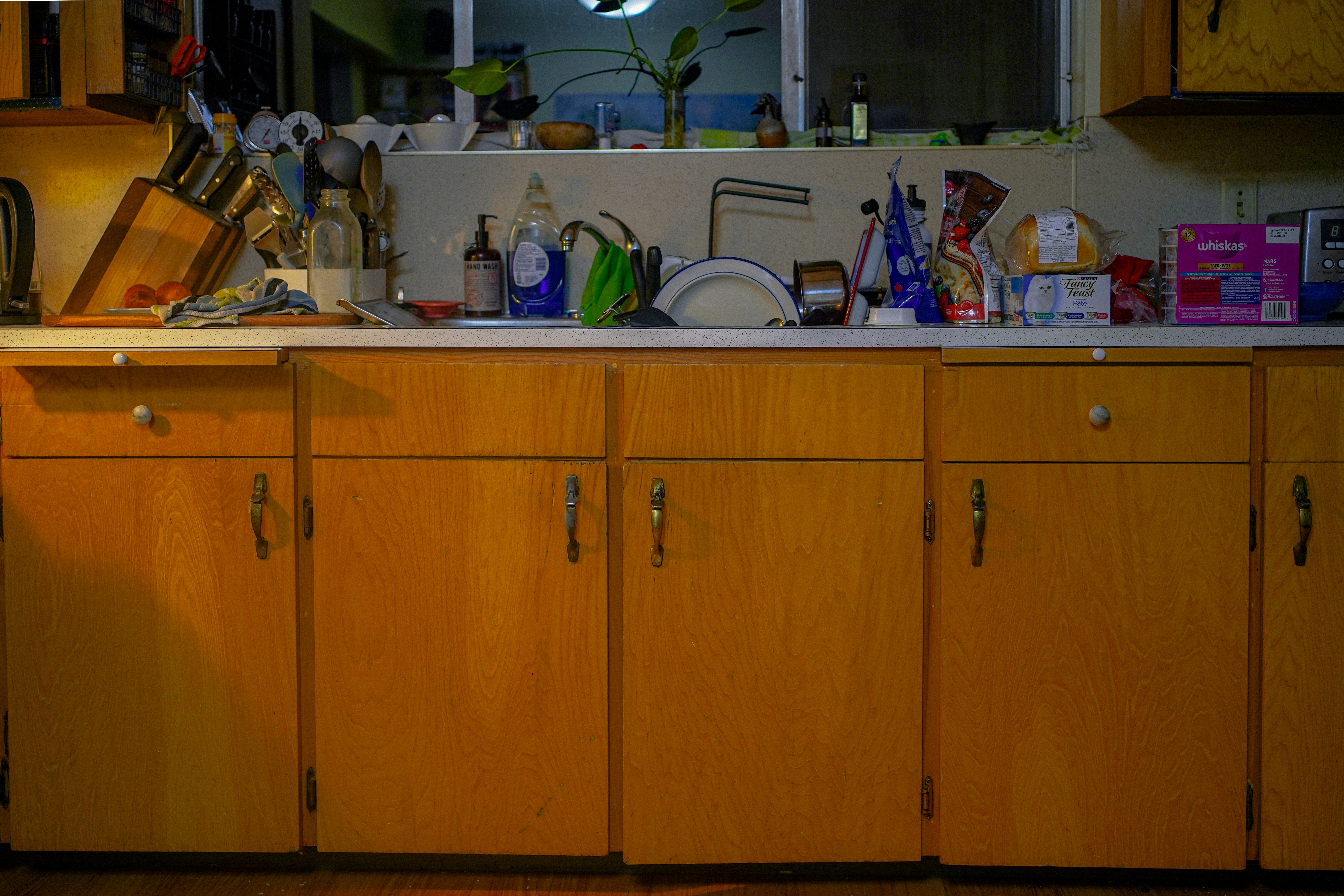 A cluttered kitchen counter with wooden cabinets below.
