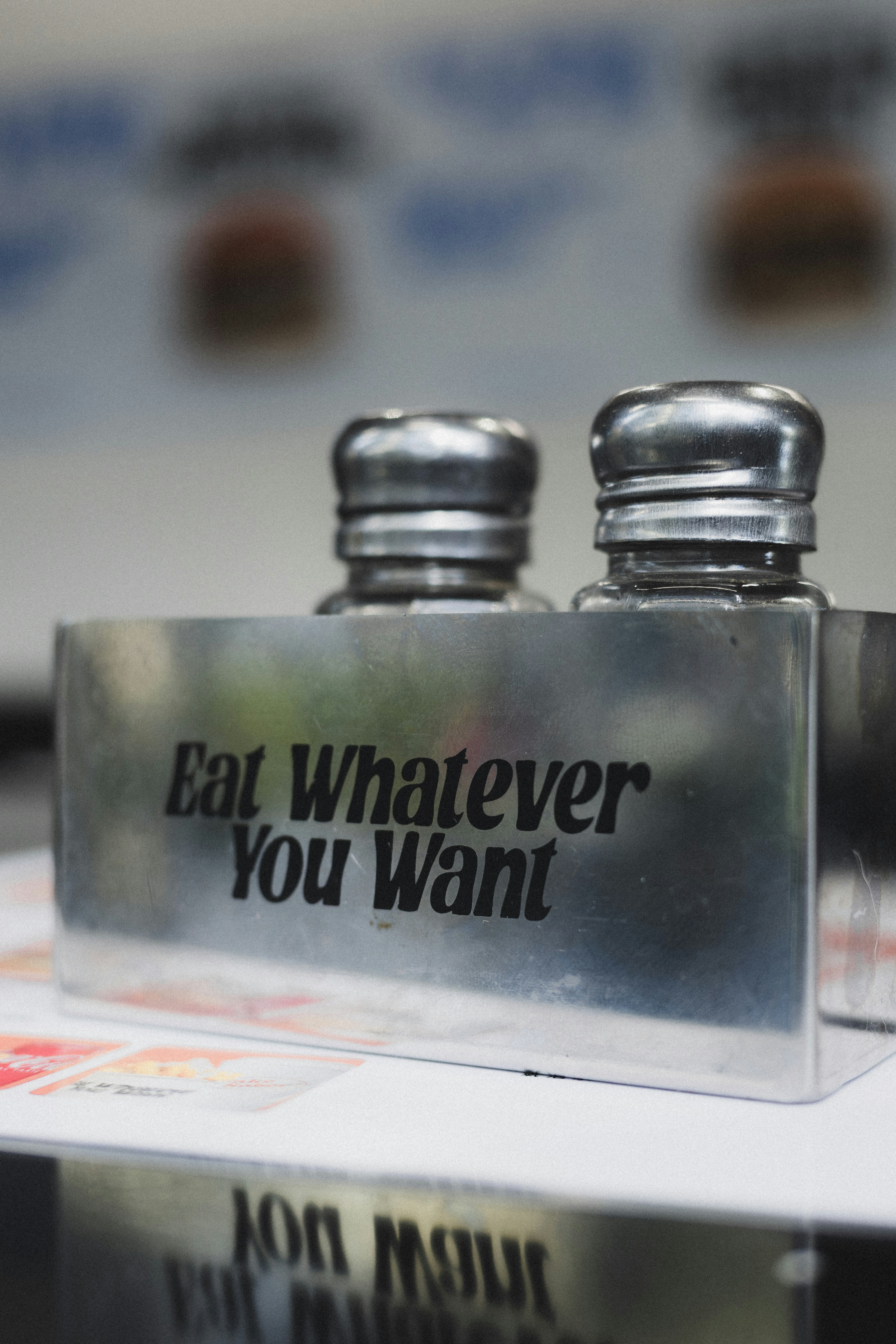 Salt and pepper shakers with "eat whatever you want" text