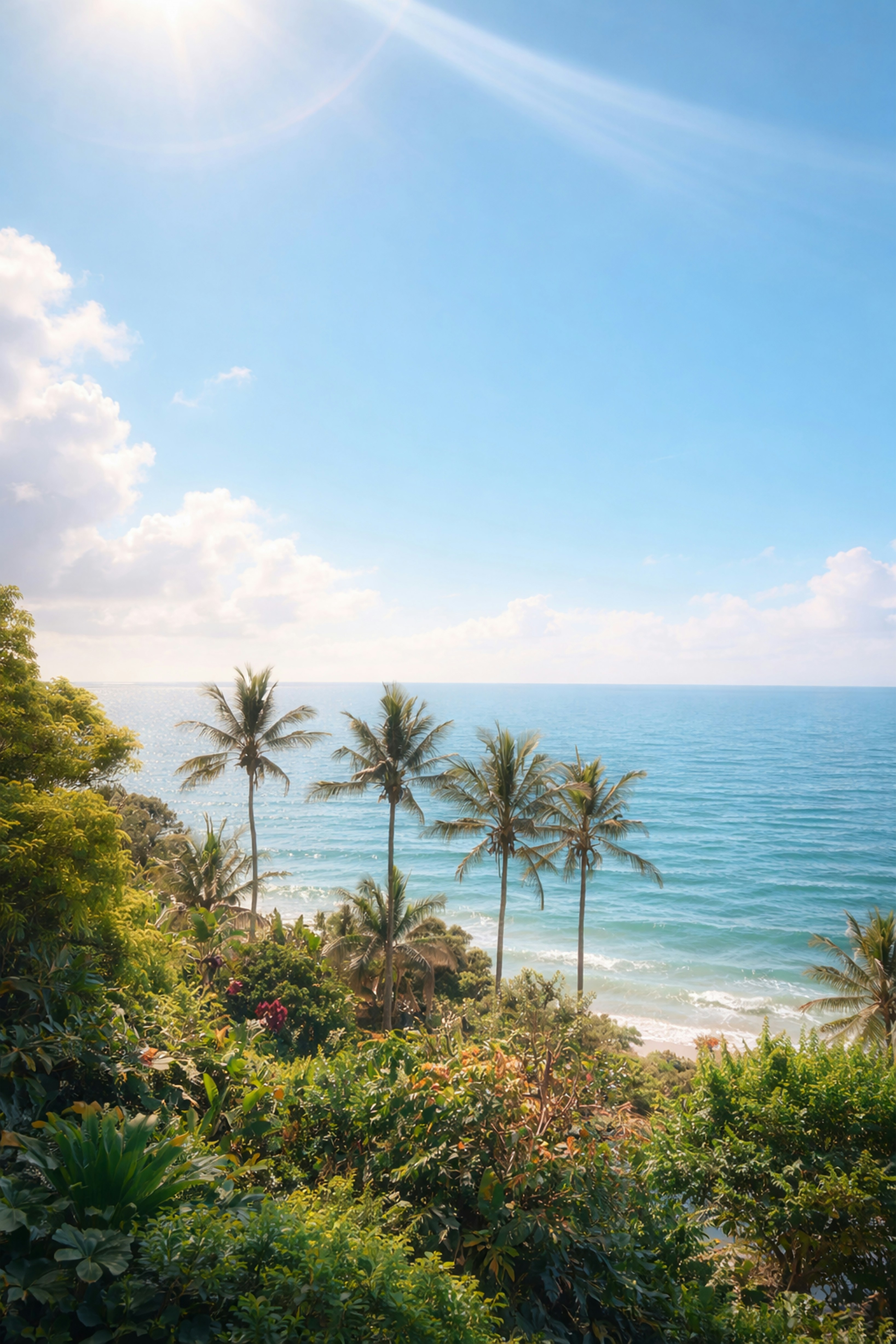 Playa tropical con palmeras y océano azul.