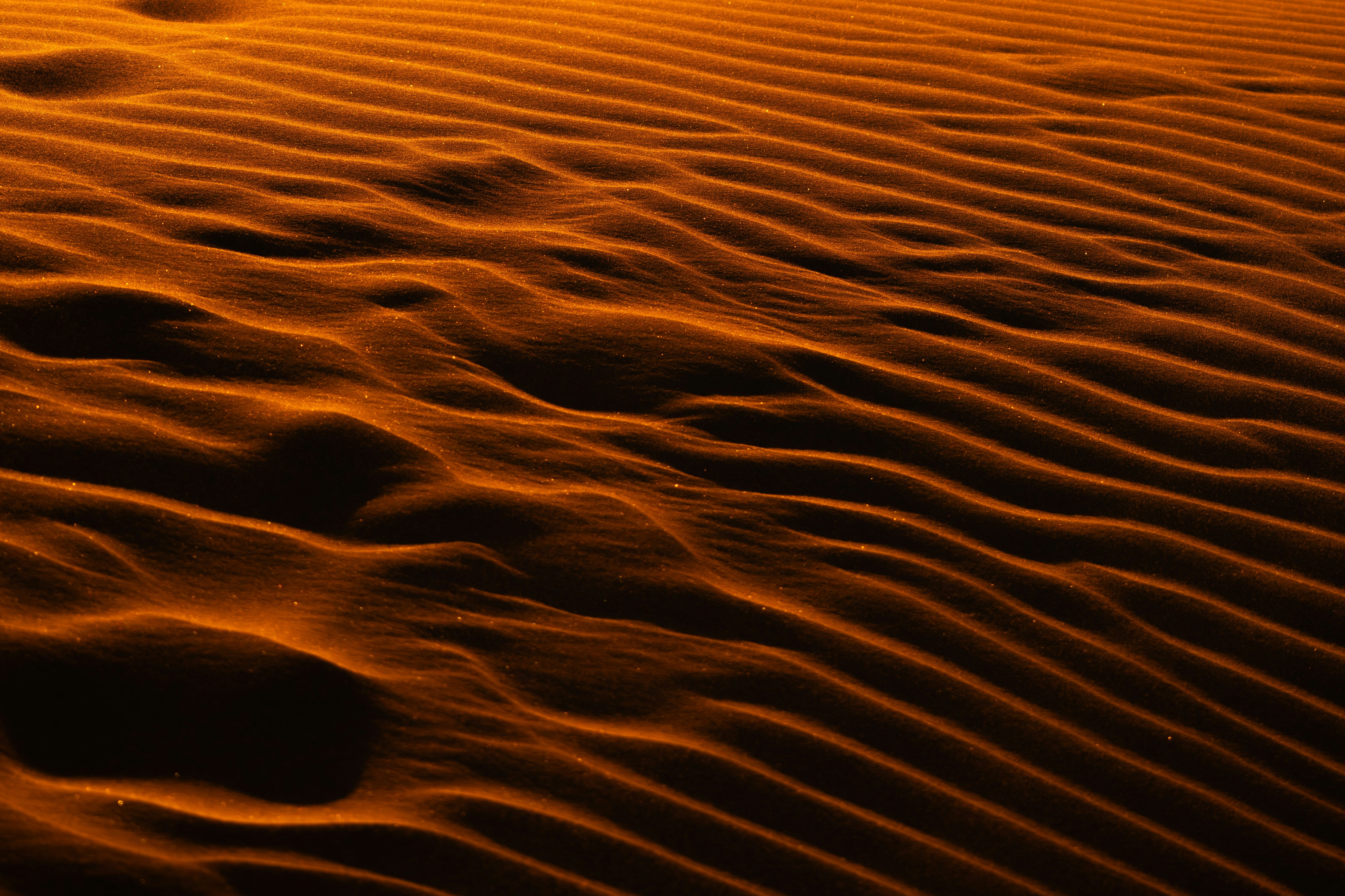 Des dunes de sable ondulées illuminées par une lumière chaude de coucher de soleil.