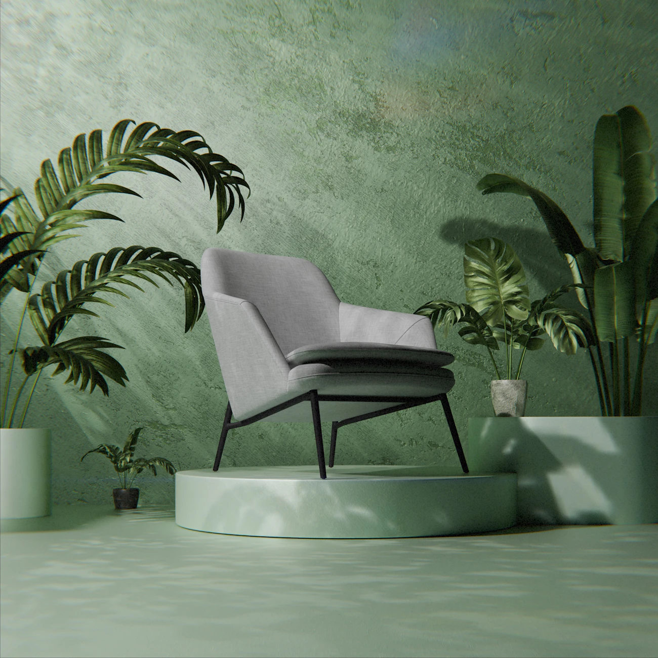 Poltrona contemporânea cinza em cenário verde com plantas