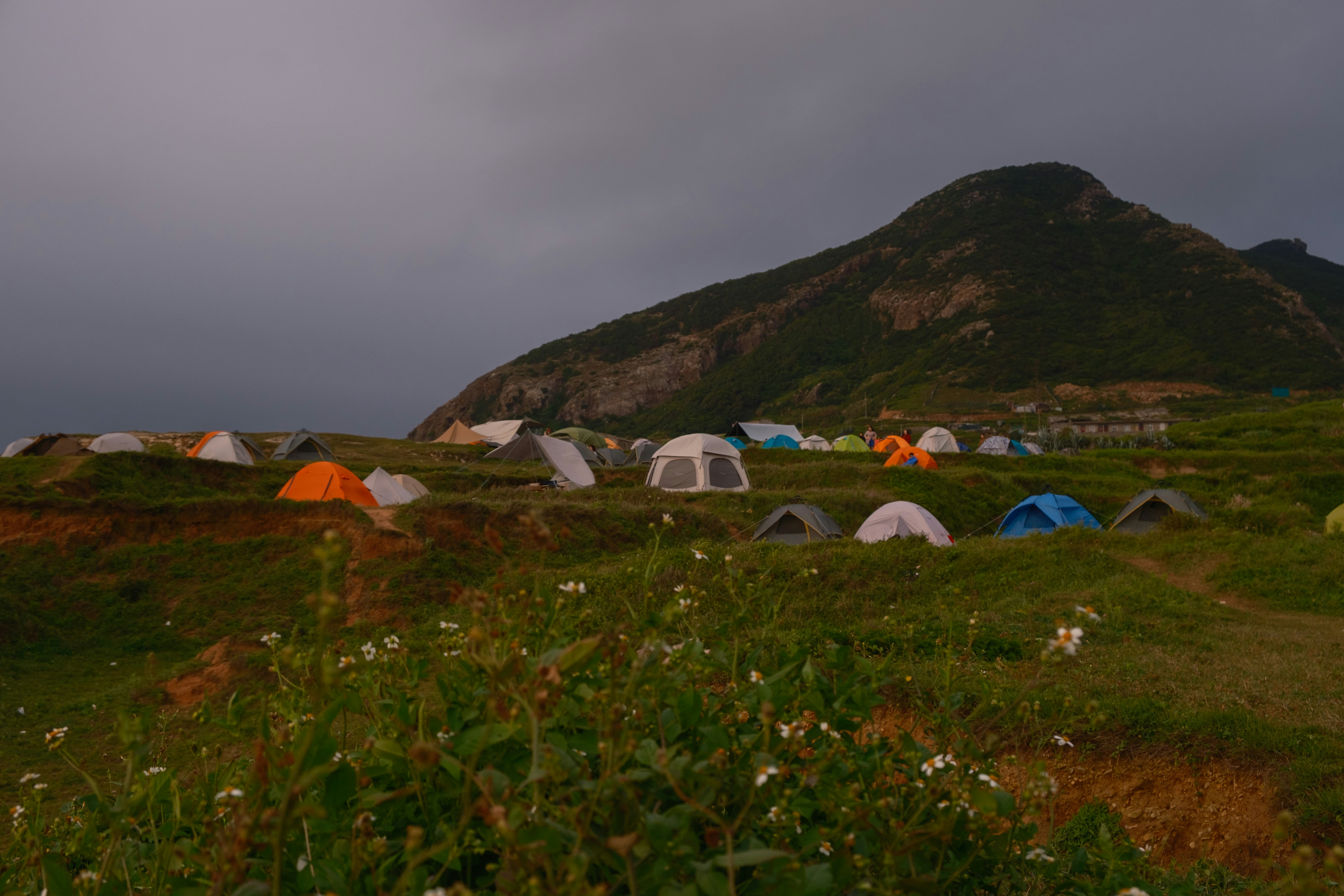 Many tents set up on a grassy hill near mountain.