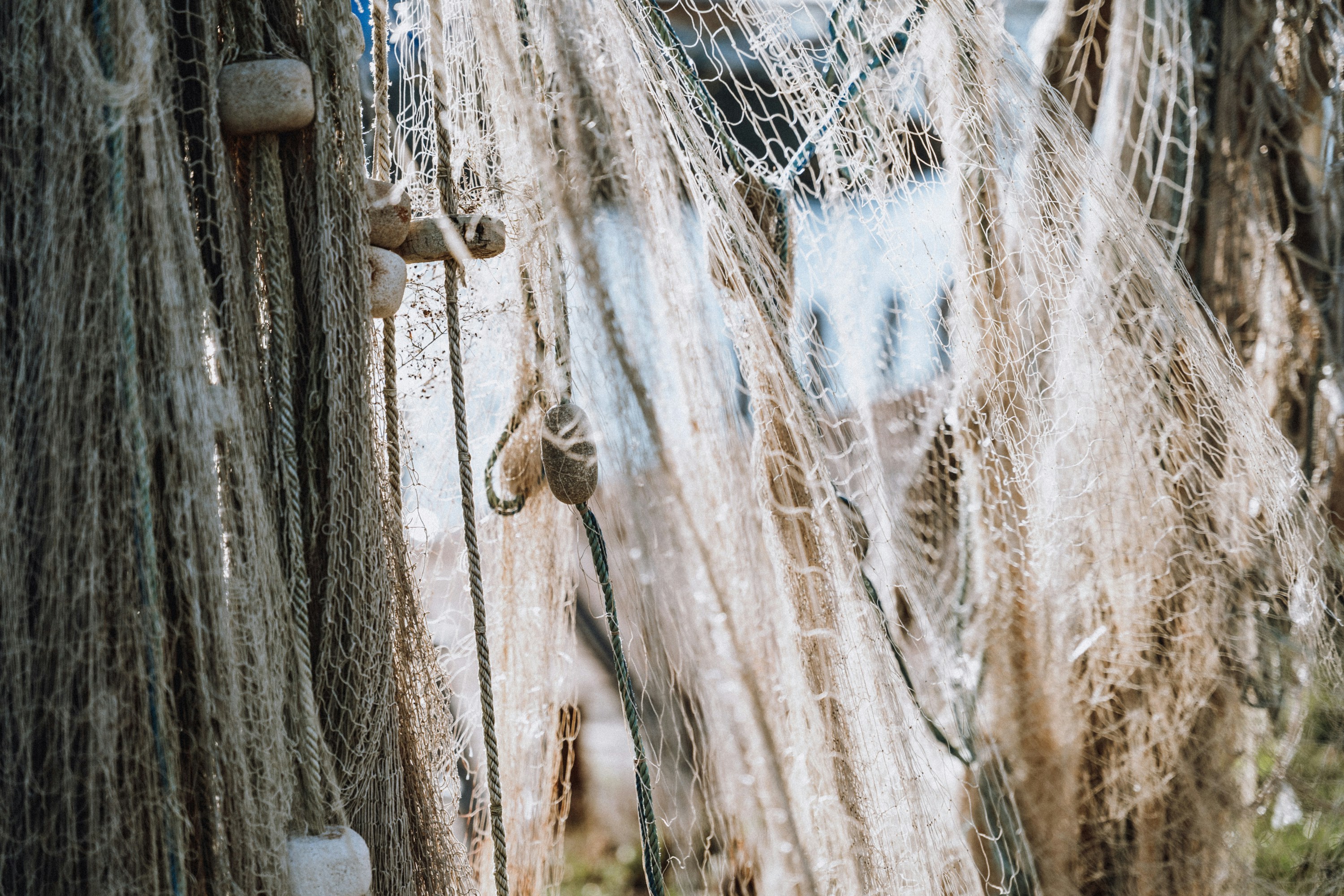 Fishing nets hanging and drying in the sun