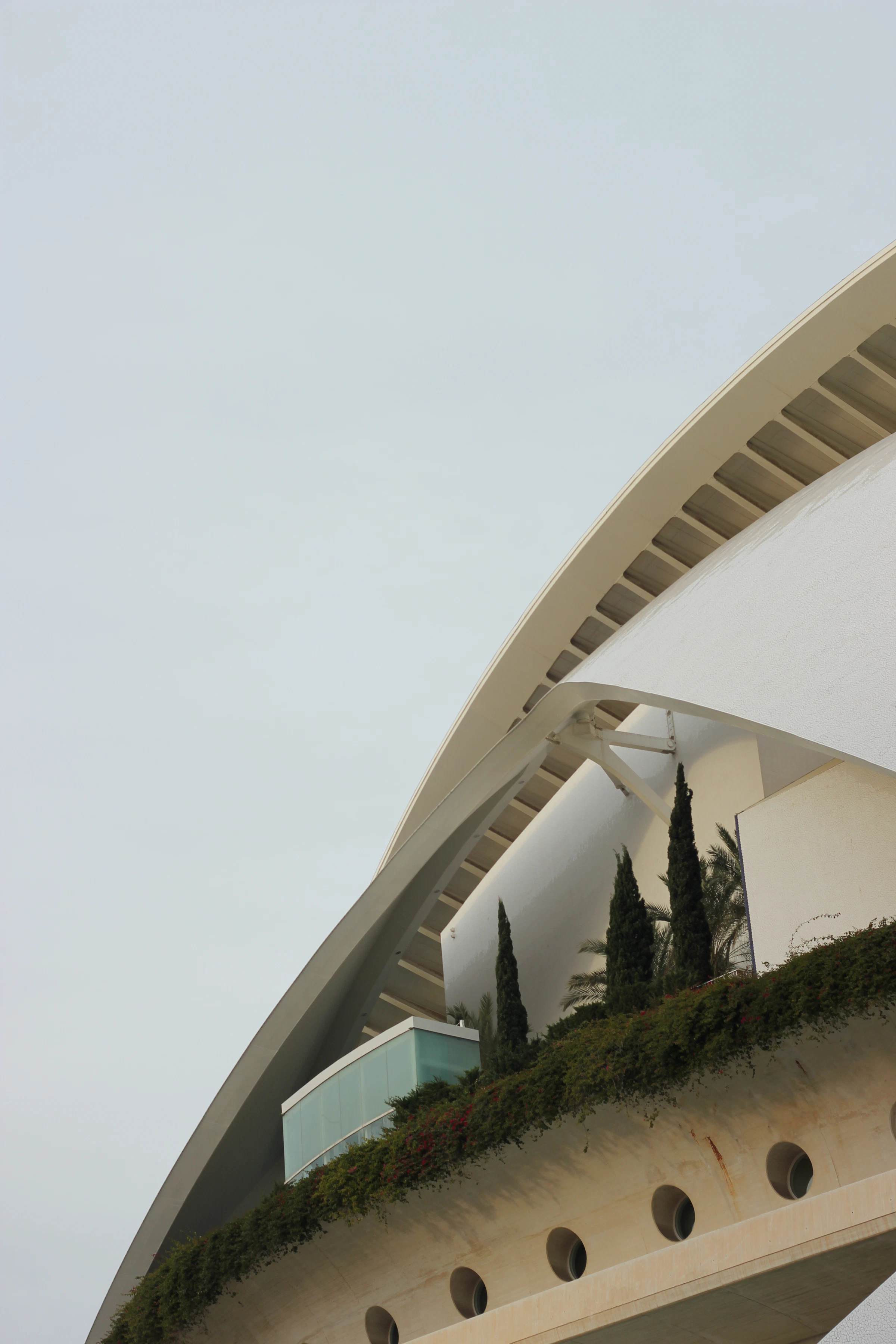 Sweeping white architectural curve above a landscaped path