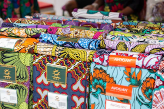 Colorful african fabrics displayed for sale
