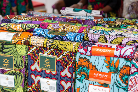 Colorful african fabrics displayed for sale