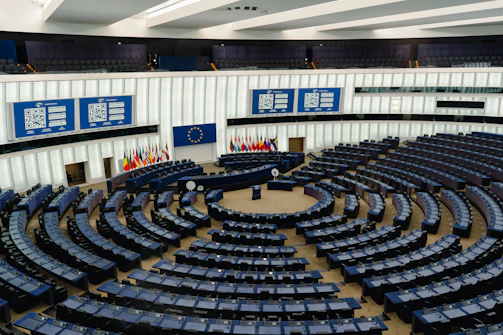 Modern parliamentary chamber with tiered seating