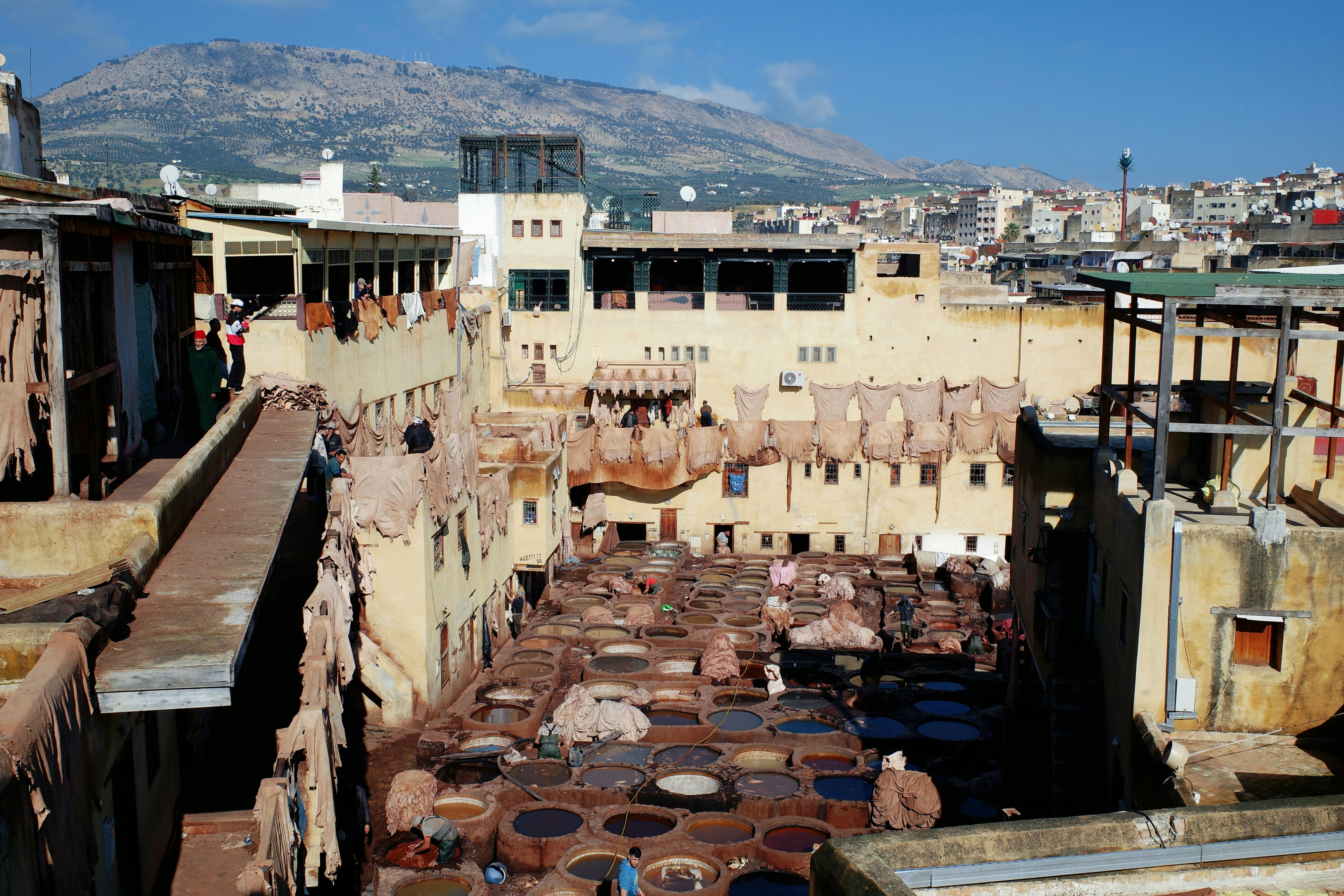 Leather dyeing vats in an ancient moroccan tannery