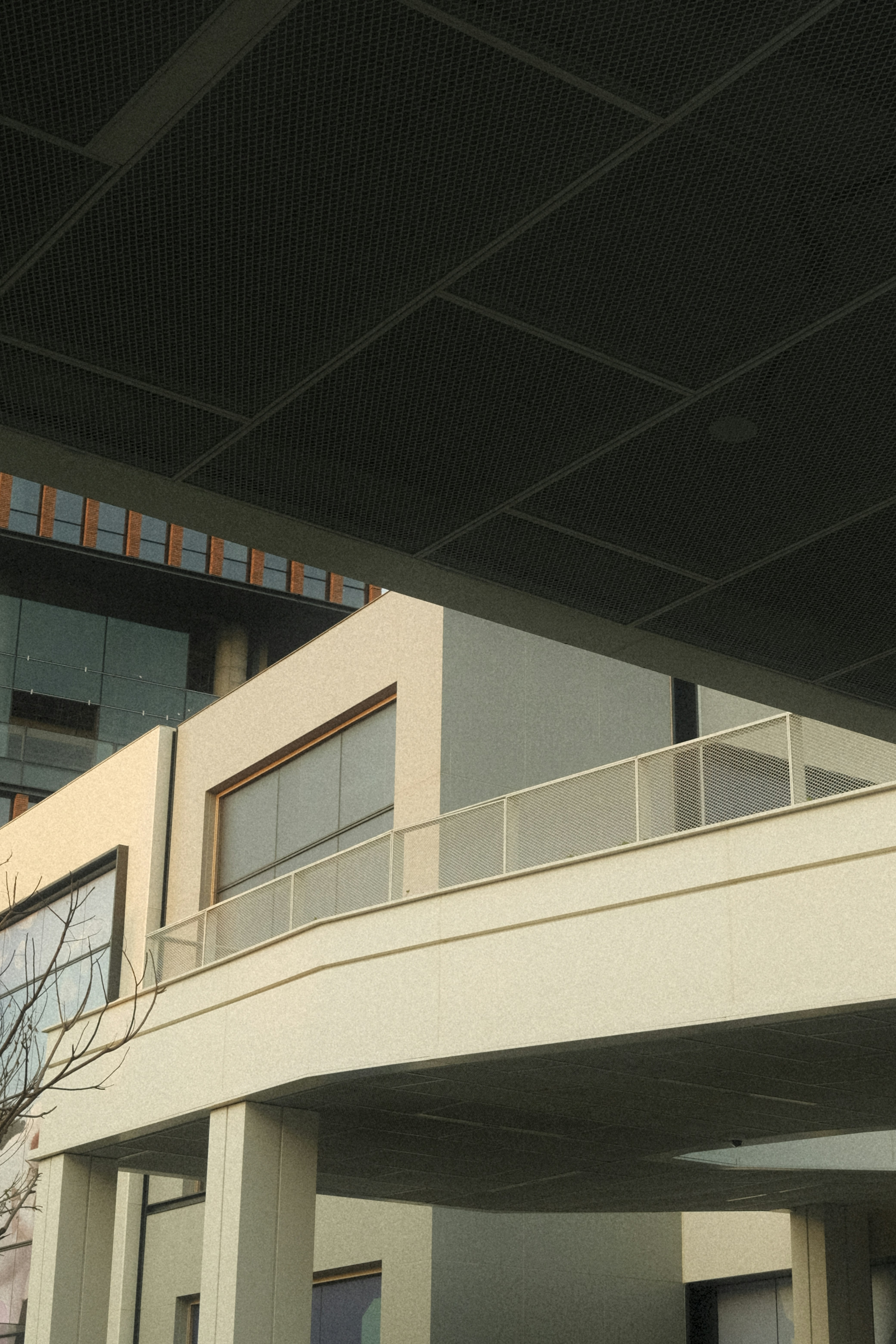 Modern building with geometric shapes and glass windows