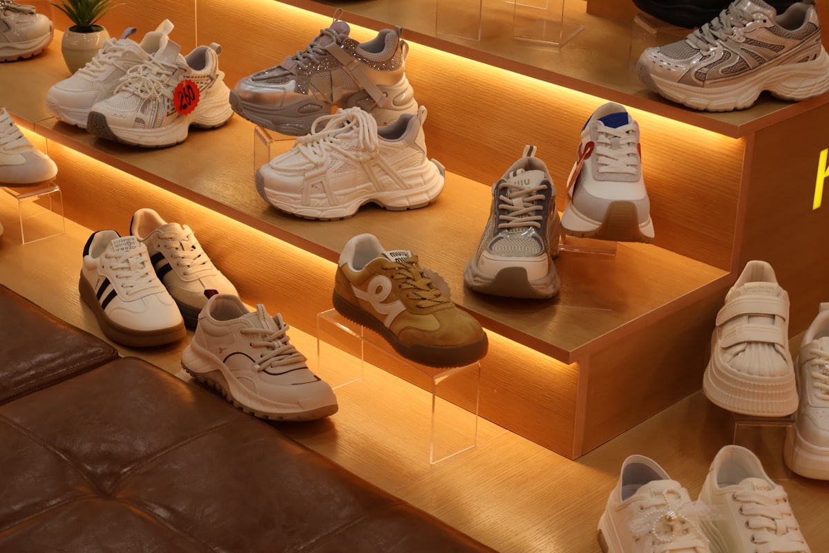 Athletic shoes displayed on illuminated retail shelves representing the footwear industry