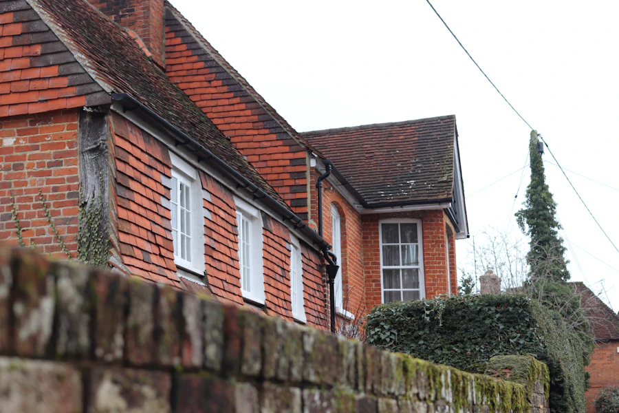 Brick houses with tiled roofs and white windows