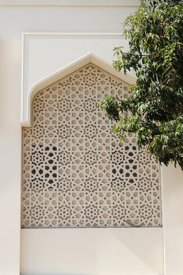 White carved jaali screen set in a pointed arch