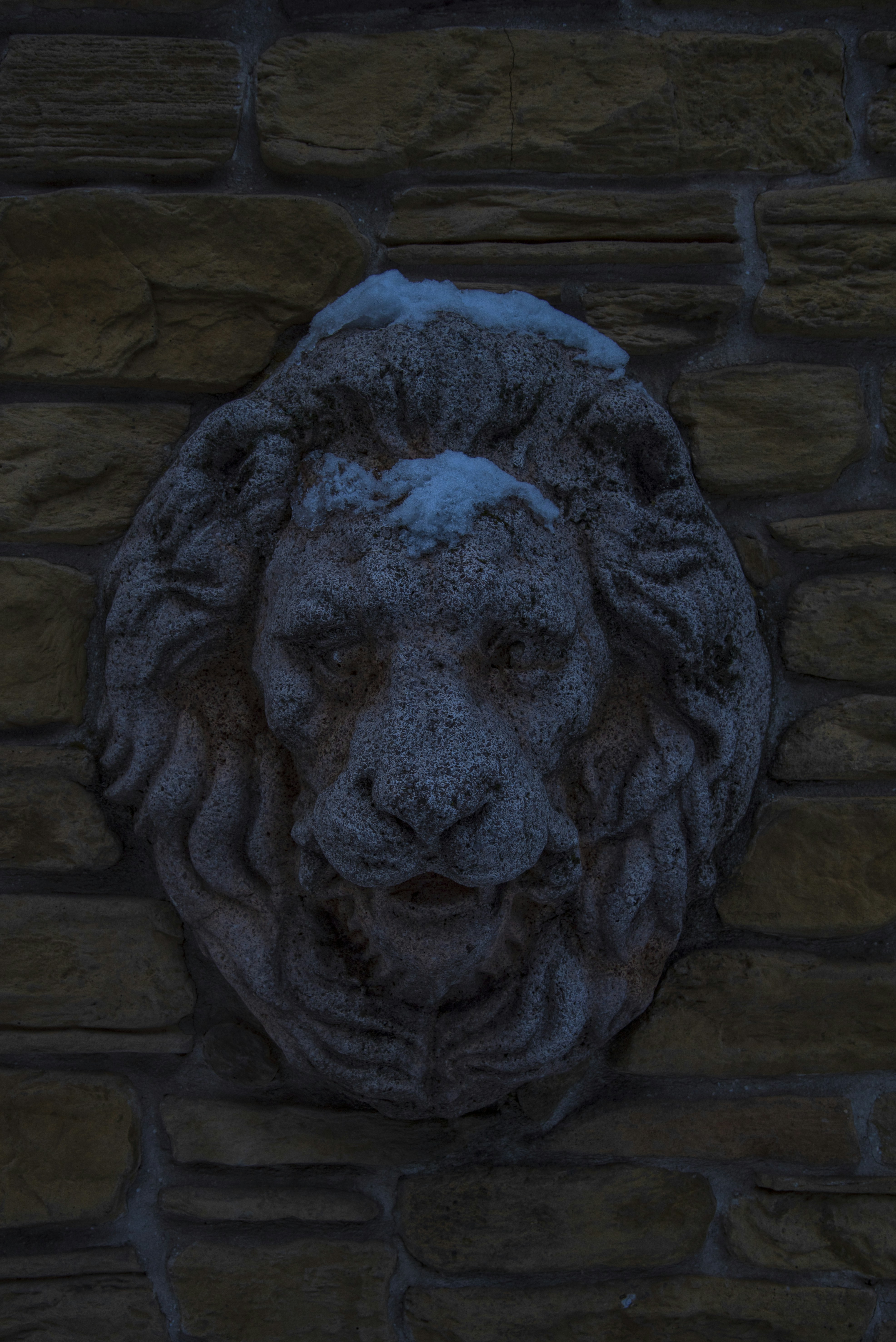 Stone lion head sculpture on a brick wall