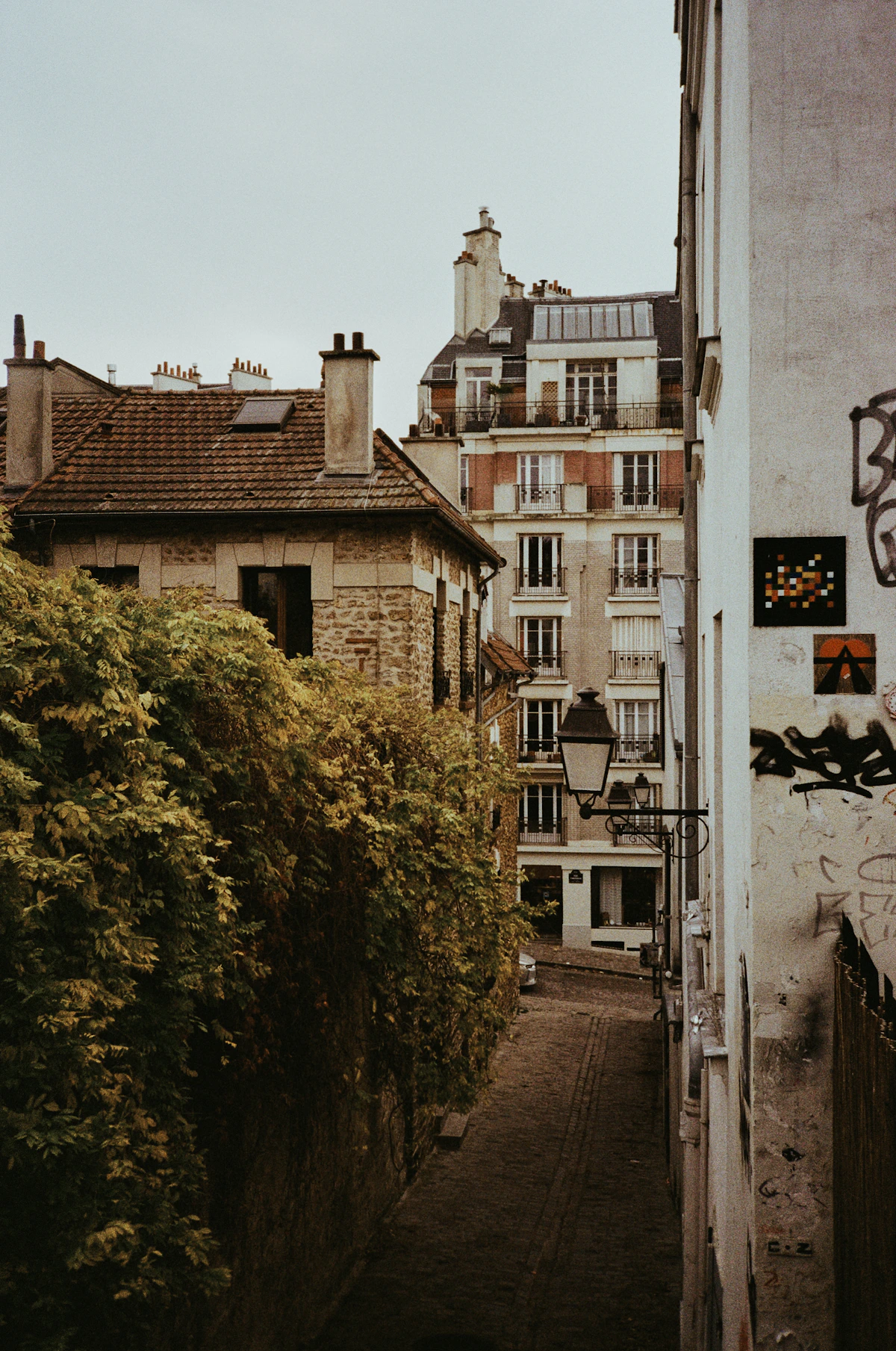 A narrow cobbled street lined with greenery and old buildings in Montmartre, Paris