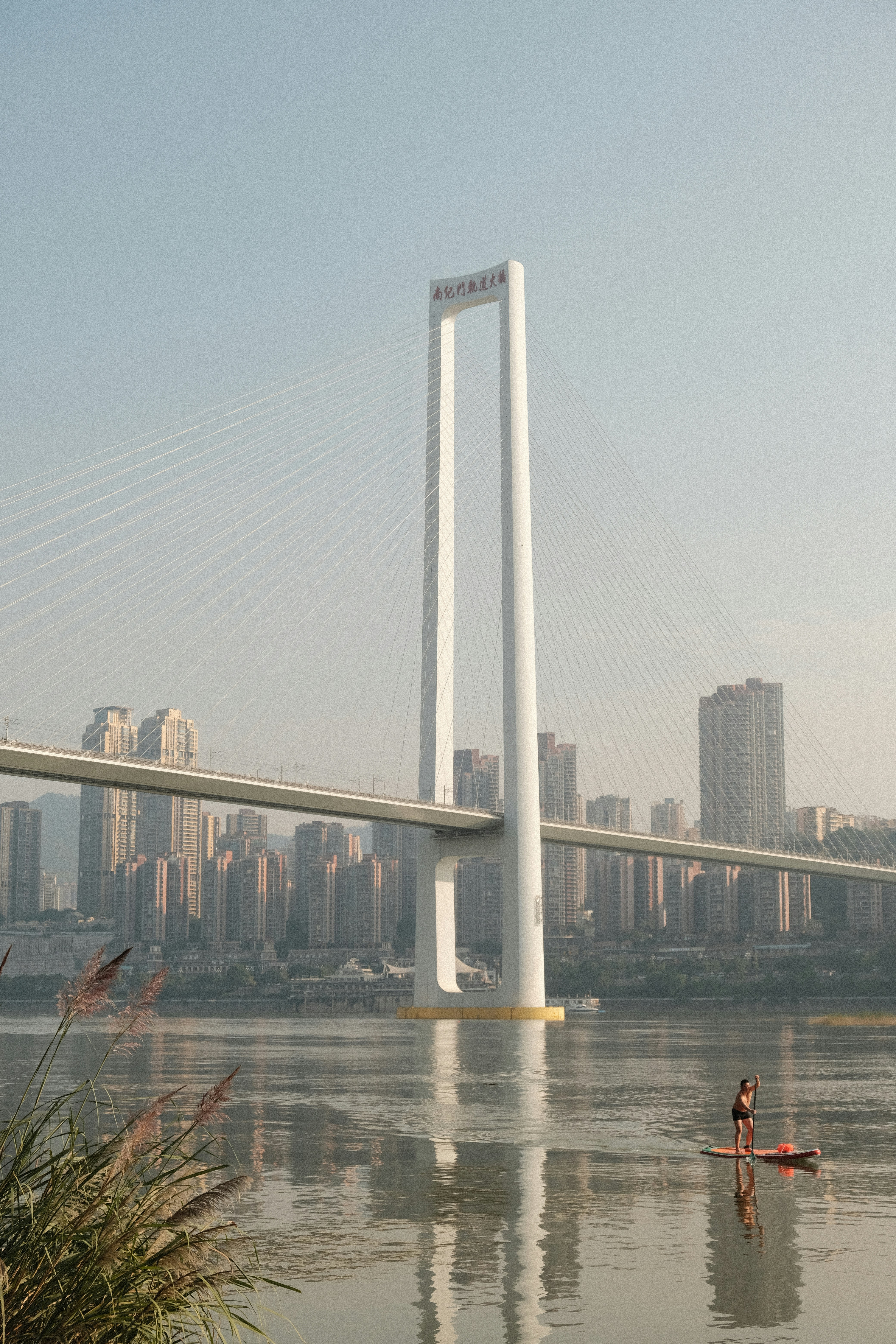 Woman paddleboarding near a modern cable-stayed bridge.