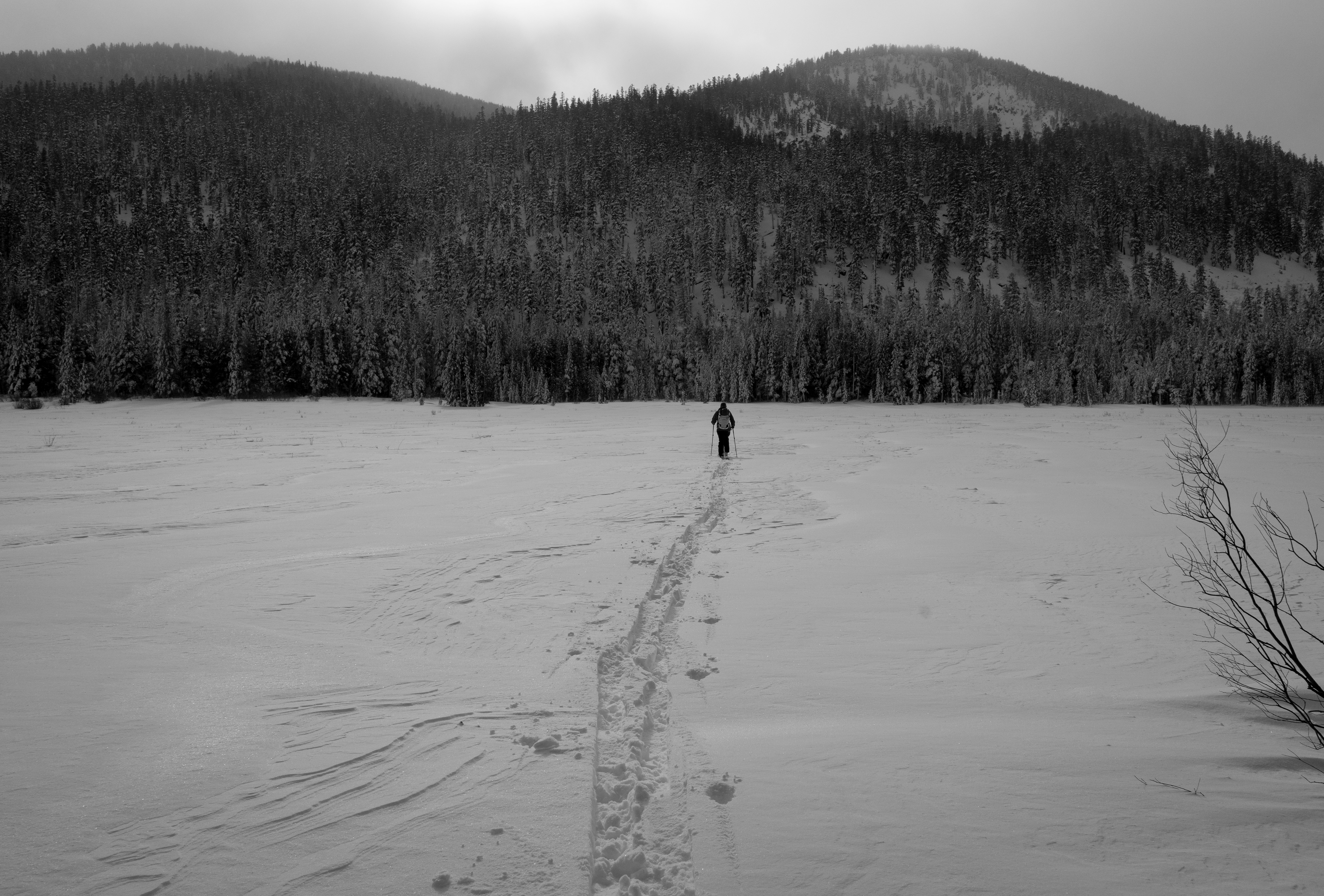A lone skier walks across a snowy landscape towards mountains.