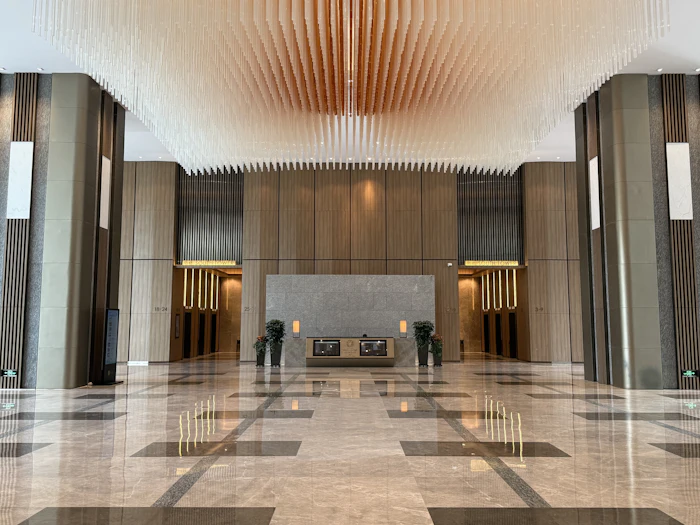Marble lobby with a decorative ceiling