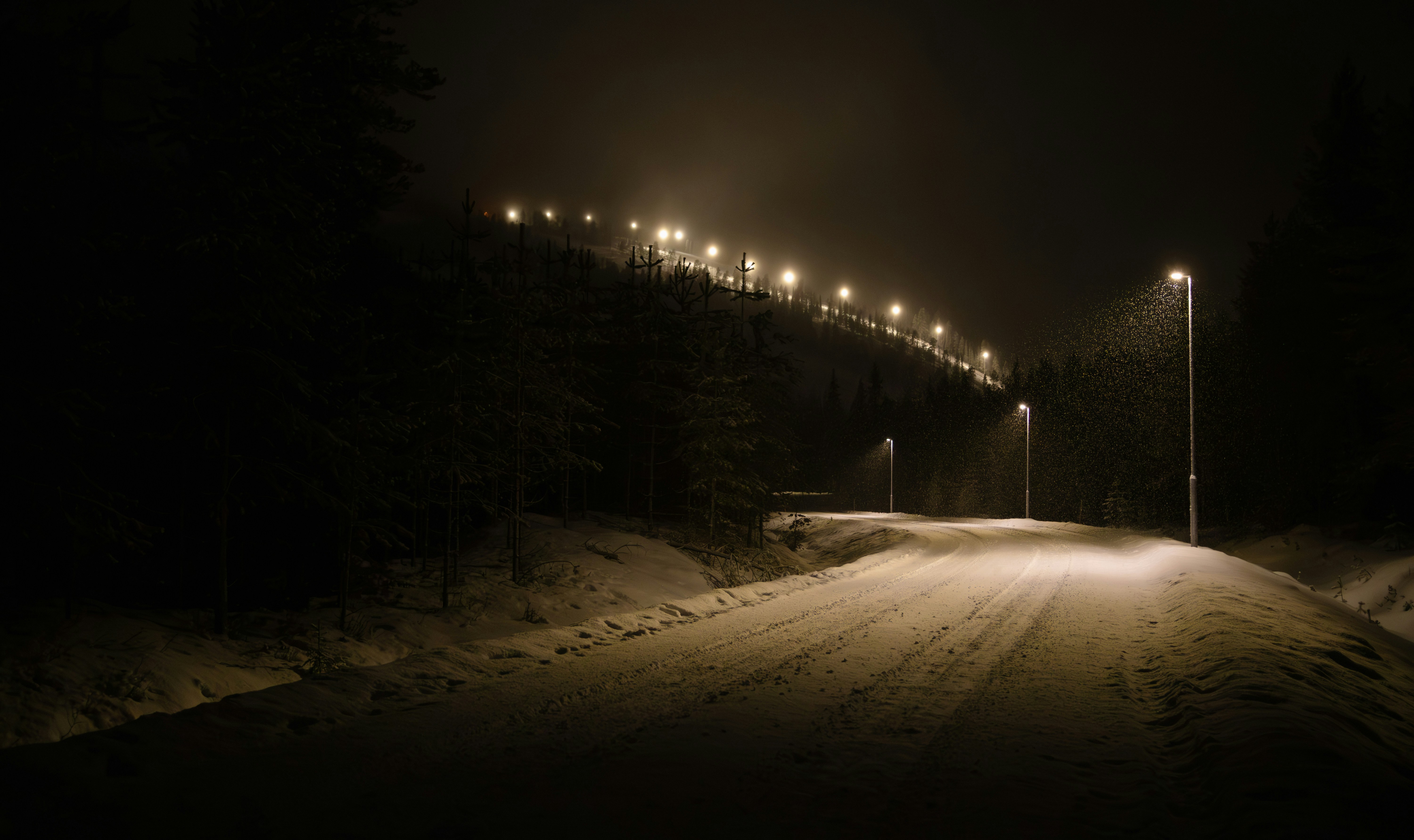 Streetlights illuminate a snowy road at night.