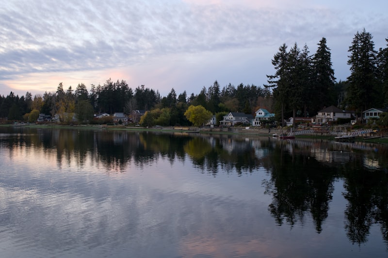 Lake reflecting trees and houses - How to sell waterfront property Lake Norman