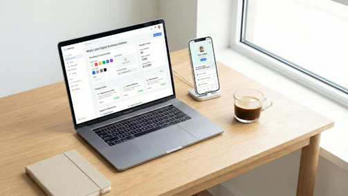 Laptop, phone, and coffee on a wooden desk.