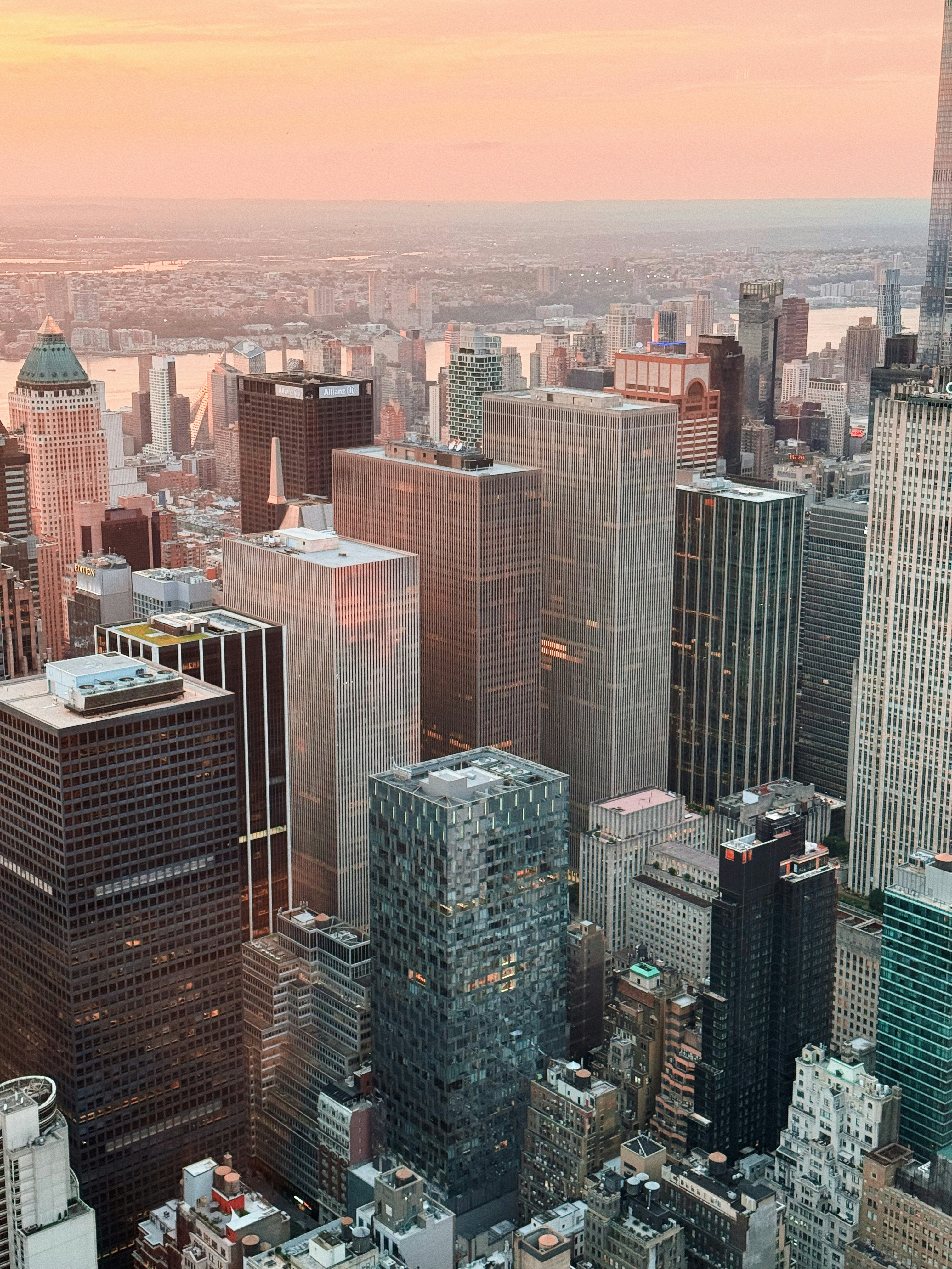 Aerial view of a dense cityscape at dusk